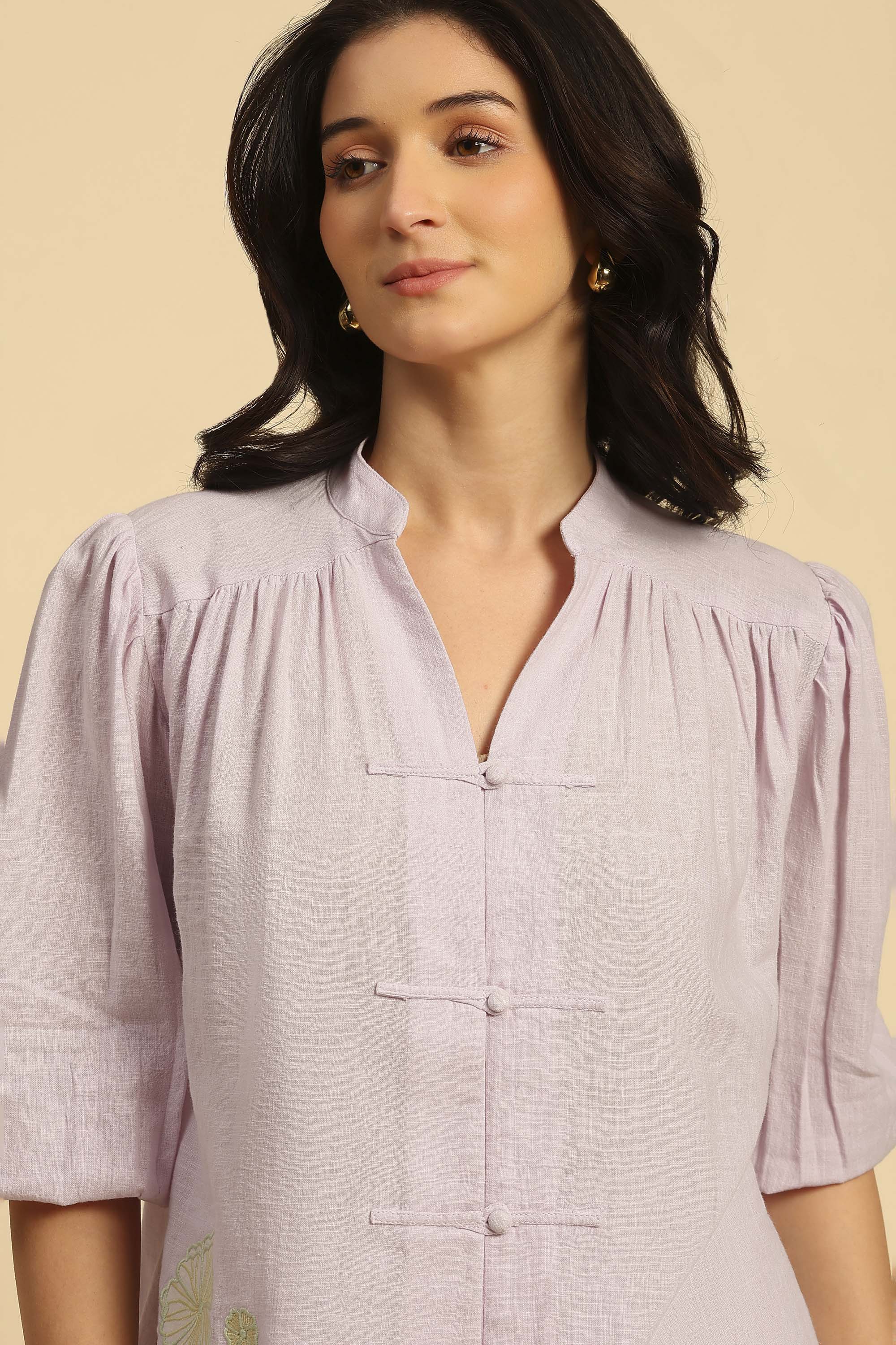 Daphne Light Purple Embroidered Handcrafted Cotton Linen Co-ord Set:
