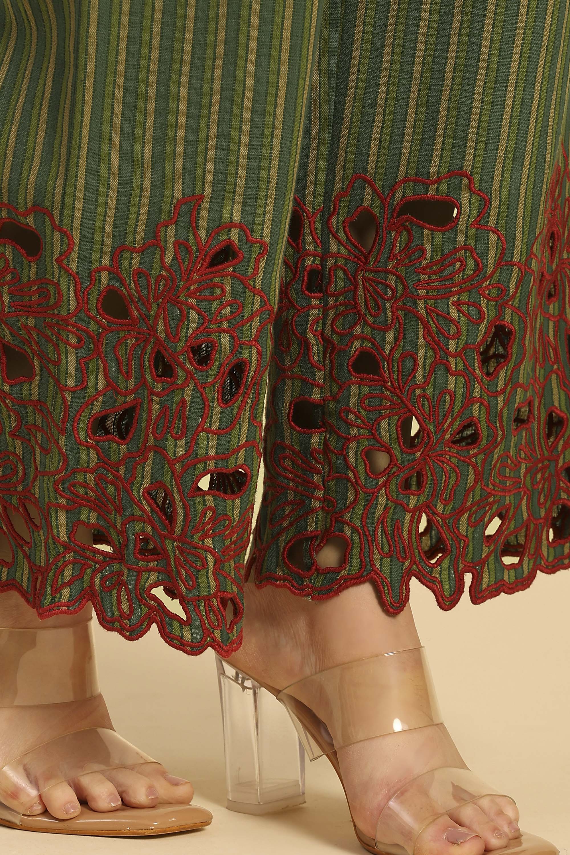Avya Green Embroidered Yarn Dyed Handcrafted Co-ord Set: