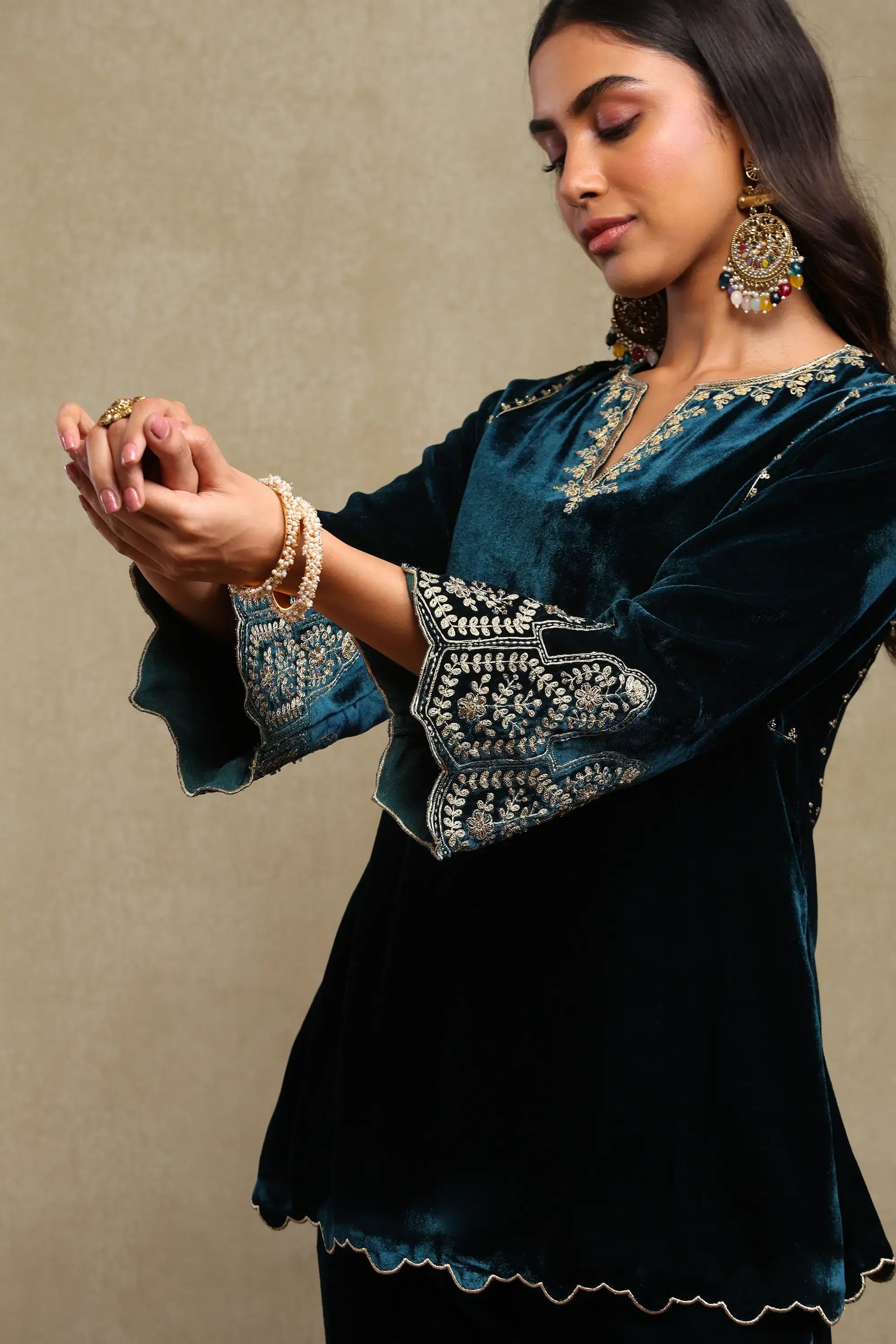 Rida Midnight Blue Hand Embroidered Silk Velvet Co-Ord Set