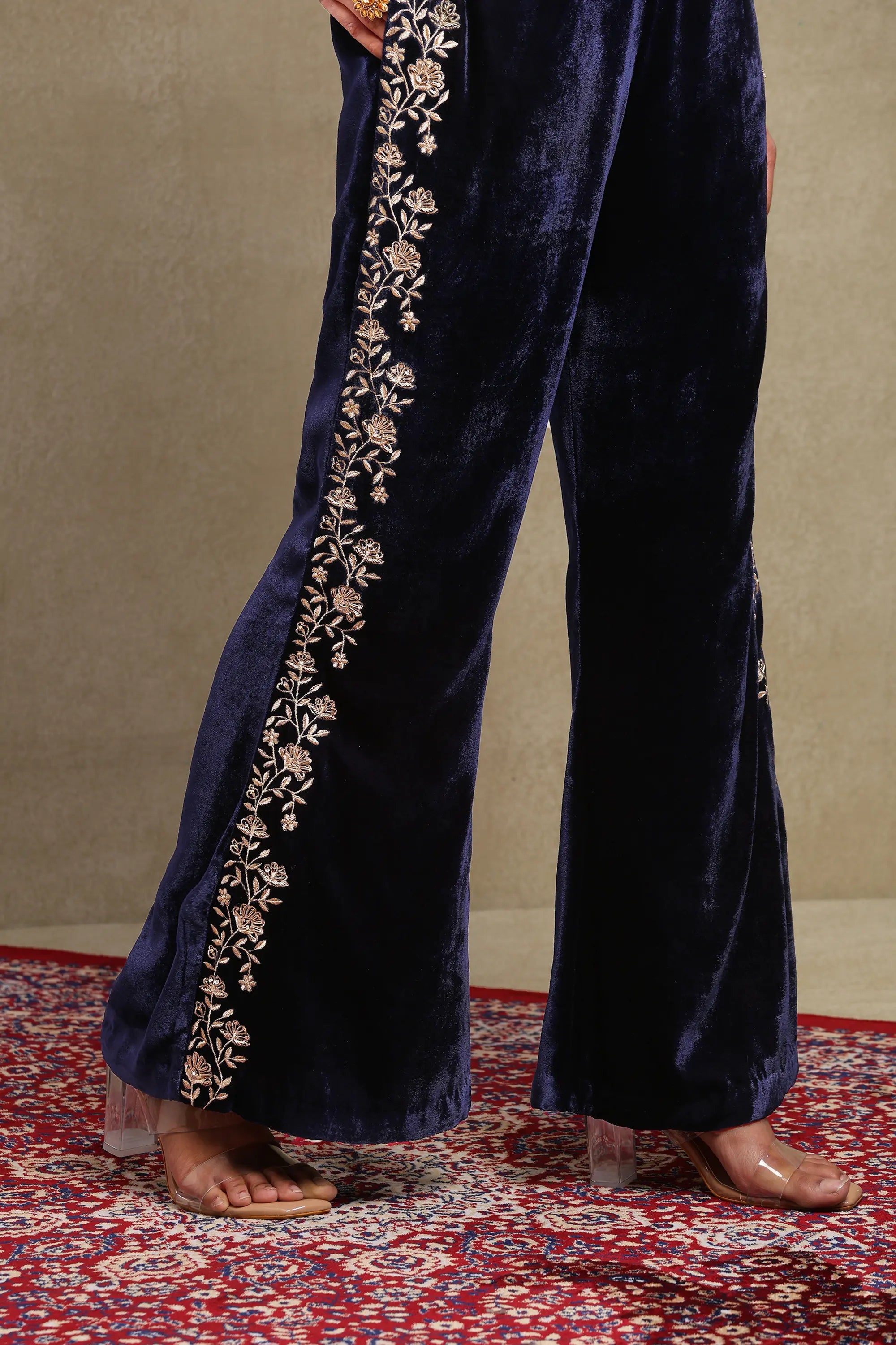 Maisha Navy Blue Hand Embroidered Silk Velvet Co-Ord Set