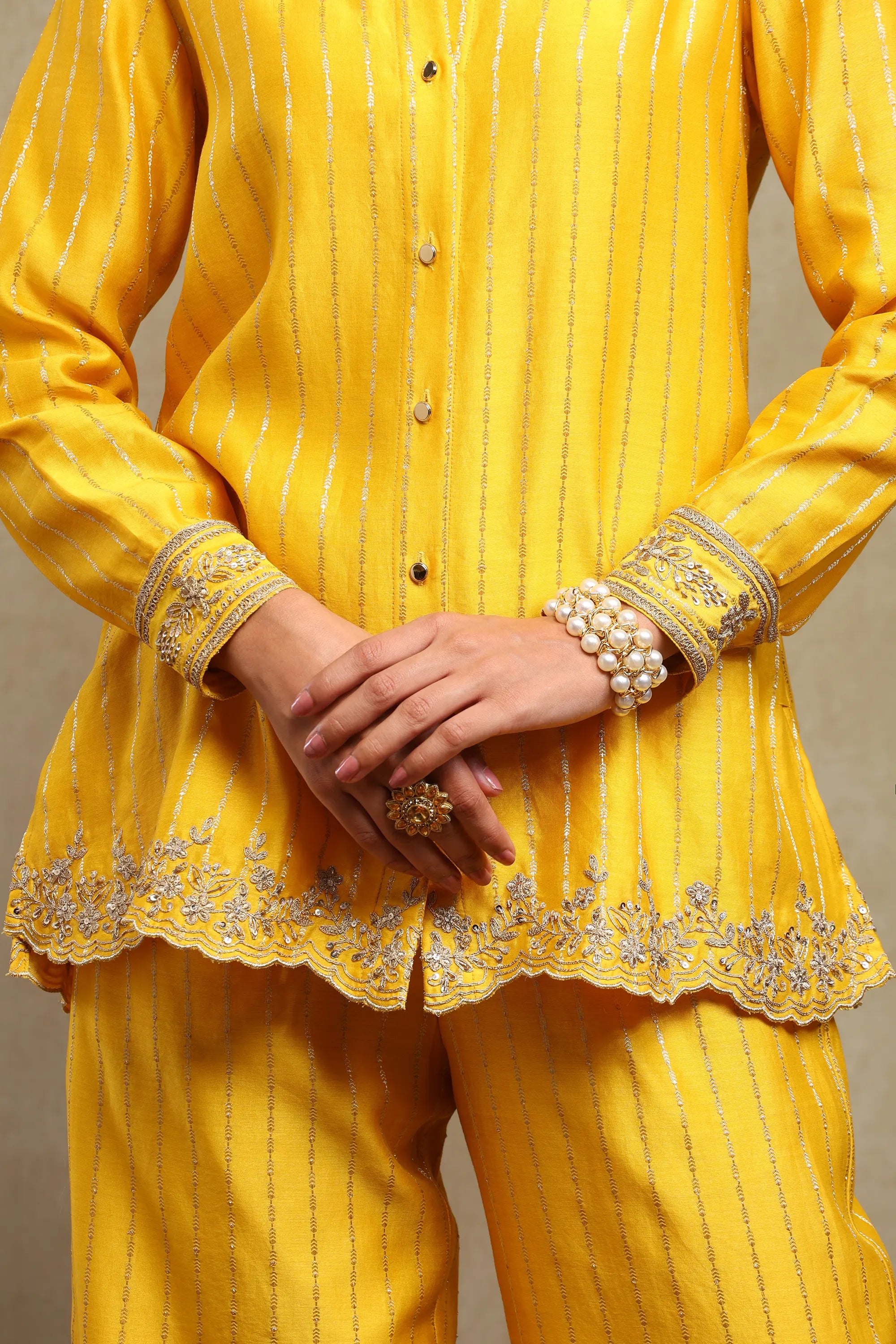 Aarvi Mango Yellow Hand Embroidered Banarasi Zari Co-Ord Set