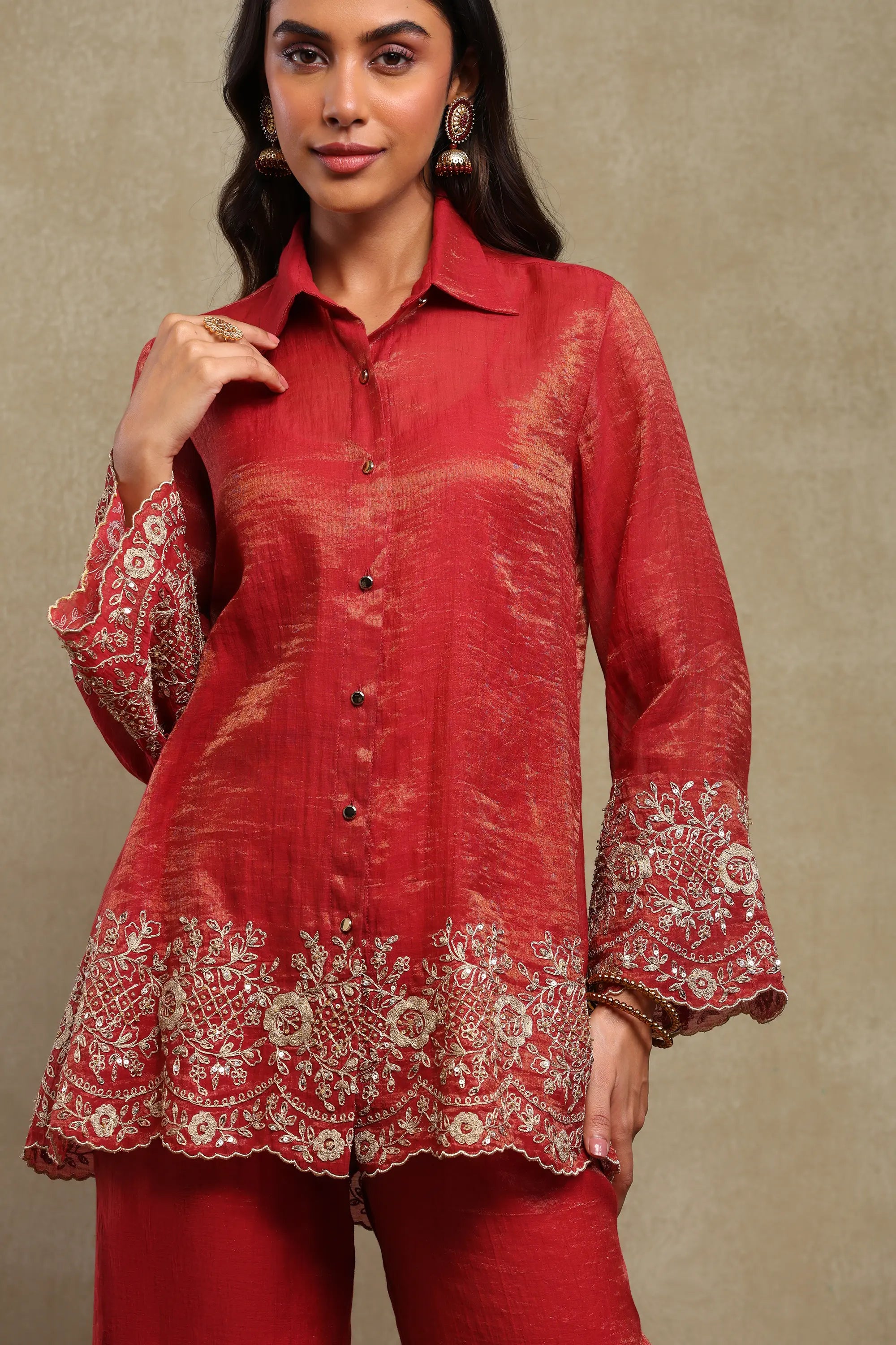 Aadya Red Hand Embroidered Tissue Chanderi Co-Ord Set