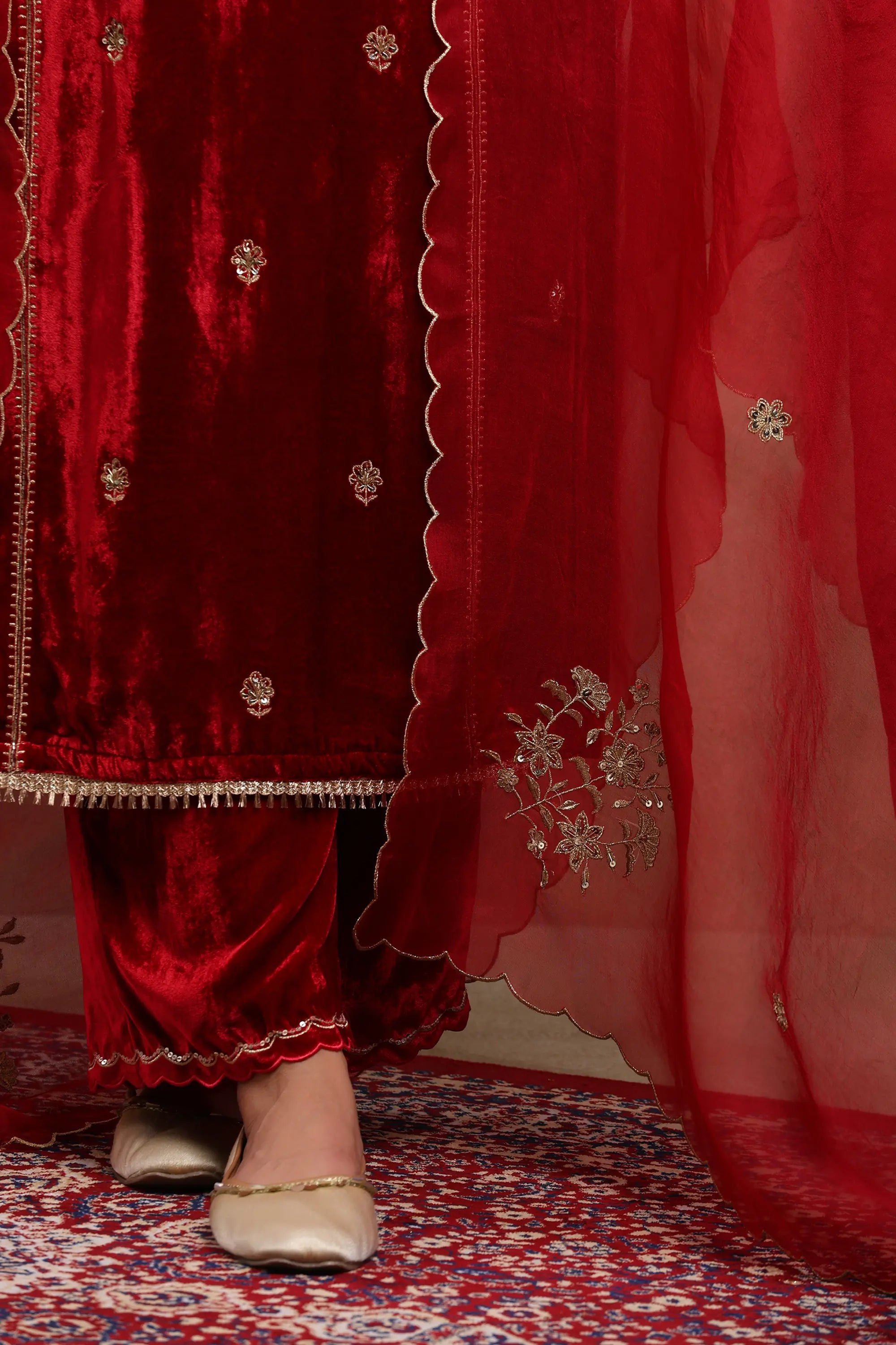 Leena Cherry Red Embroidered Silk Velvet Handcrafted Kurta Set