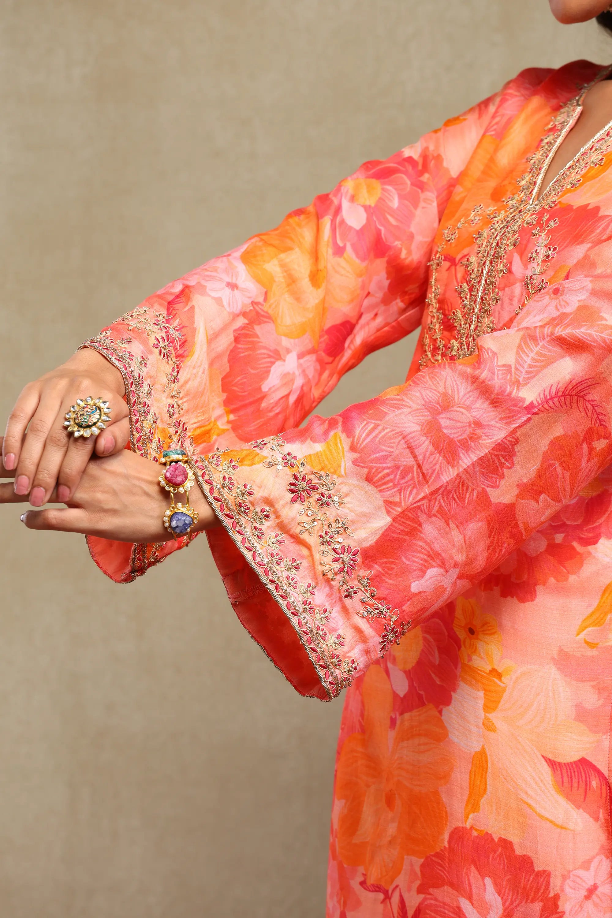 Lily Red & Orange Floral Printed Hand Embroidered Silky Modal Kaftan Set