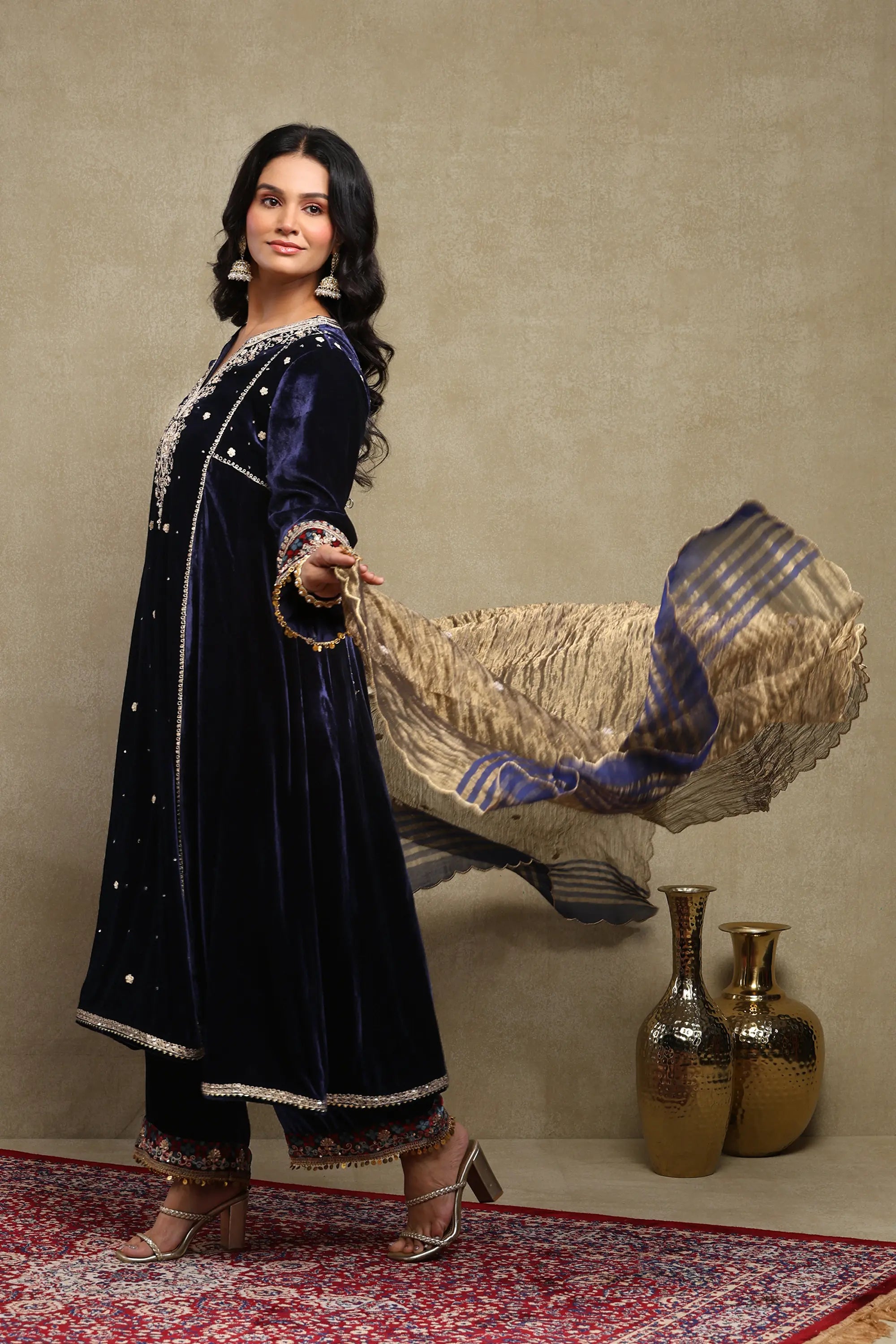 Sahira Navy Blue Embroidered Silk Velvet A-Line Kurta Set