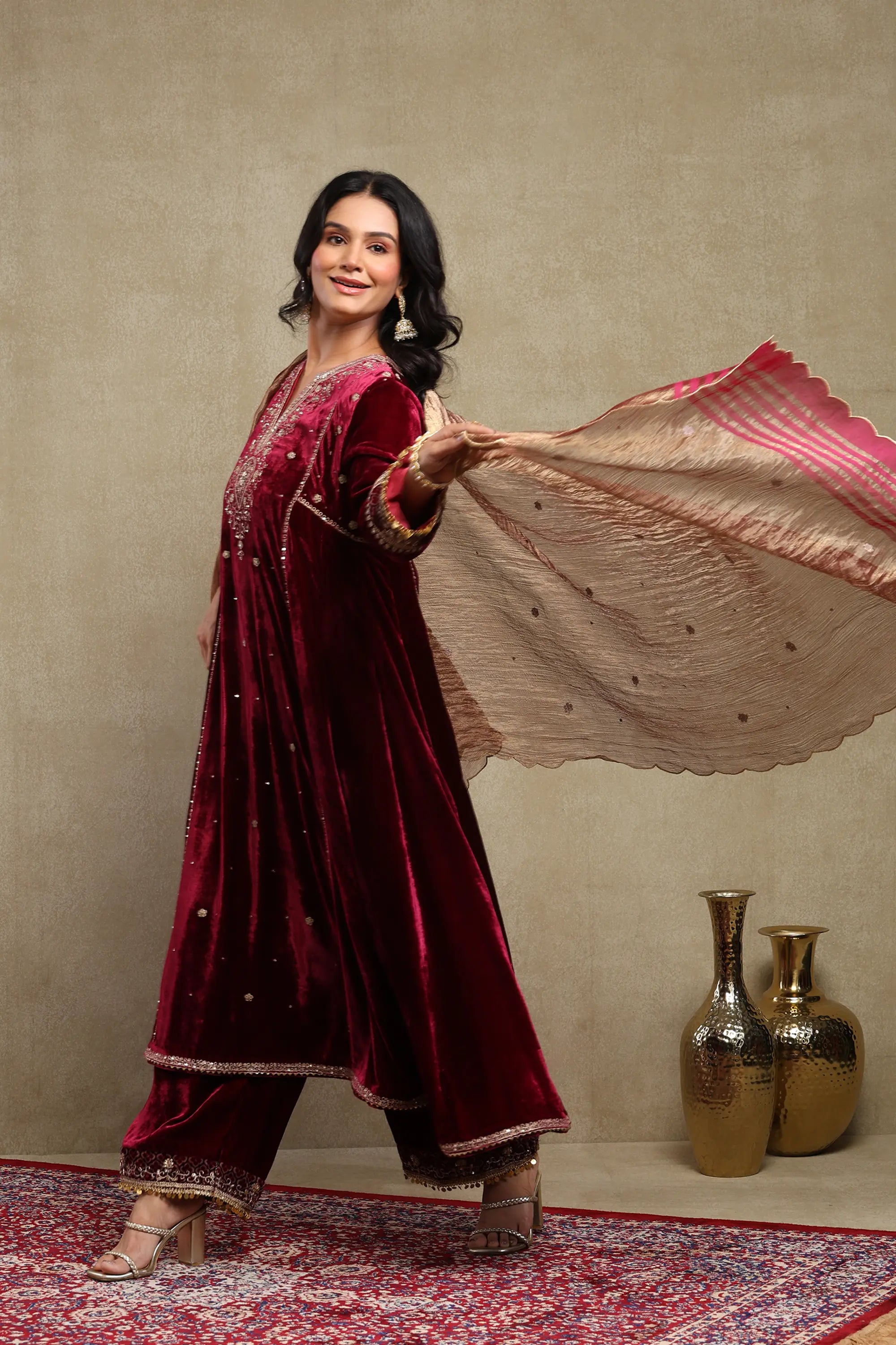 Sahira Plum Embroidered Silk Velvet A-Line Kurta Set