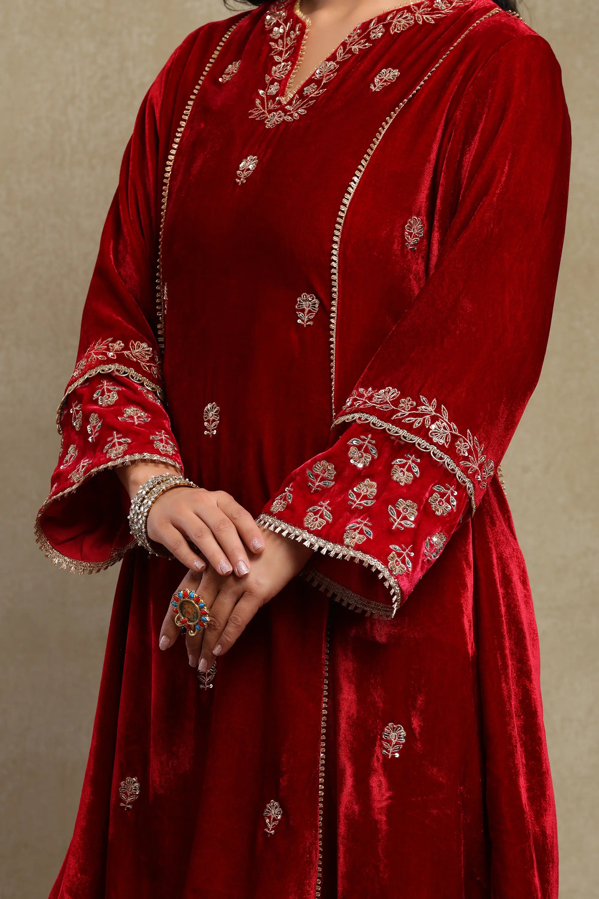 Raabta Cherry Red Embroidered Silk Velvet Kurta Set