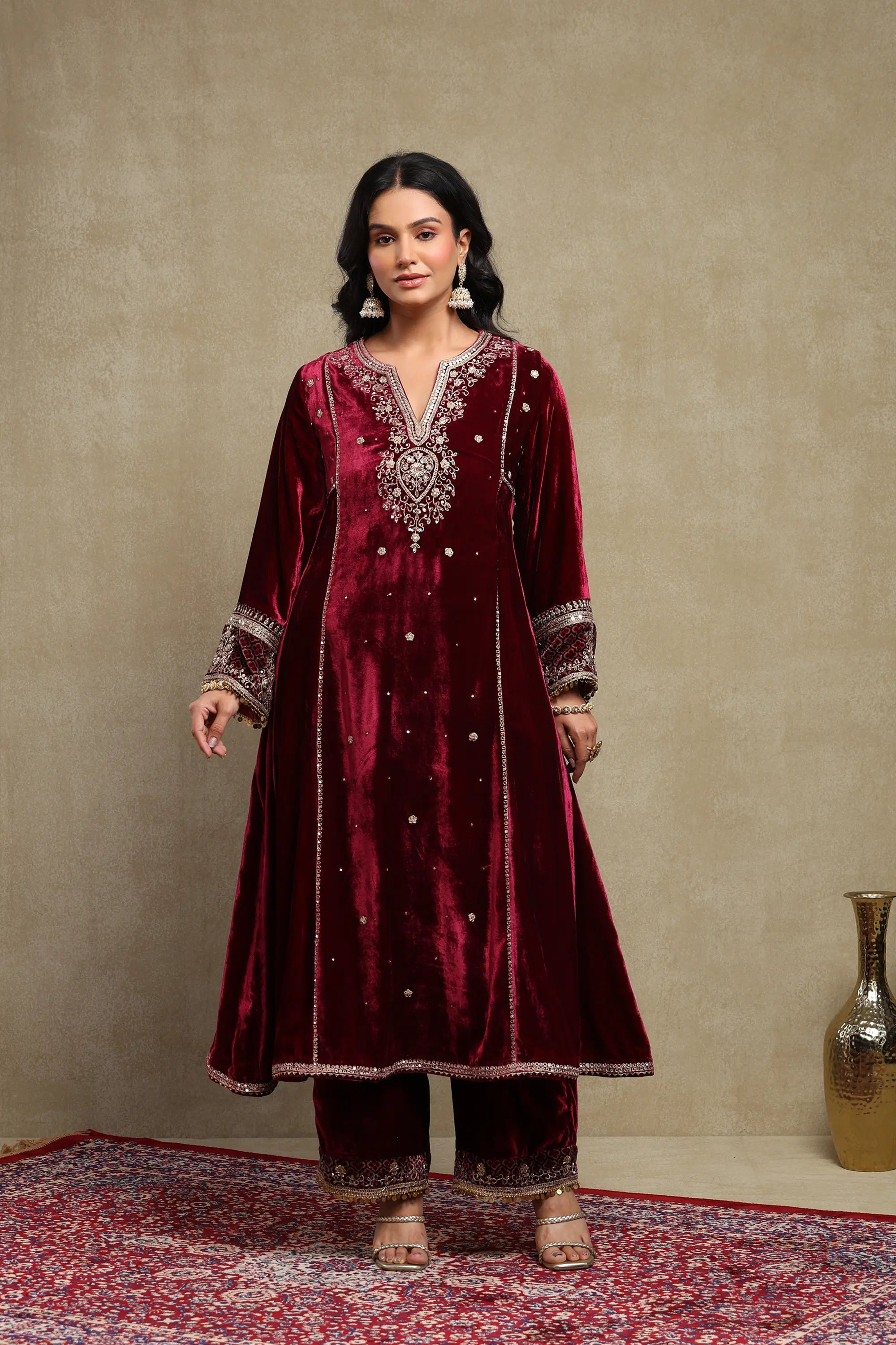 Sahira Plum Embroidered Silk Velvet A-Line Kurta Set