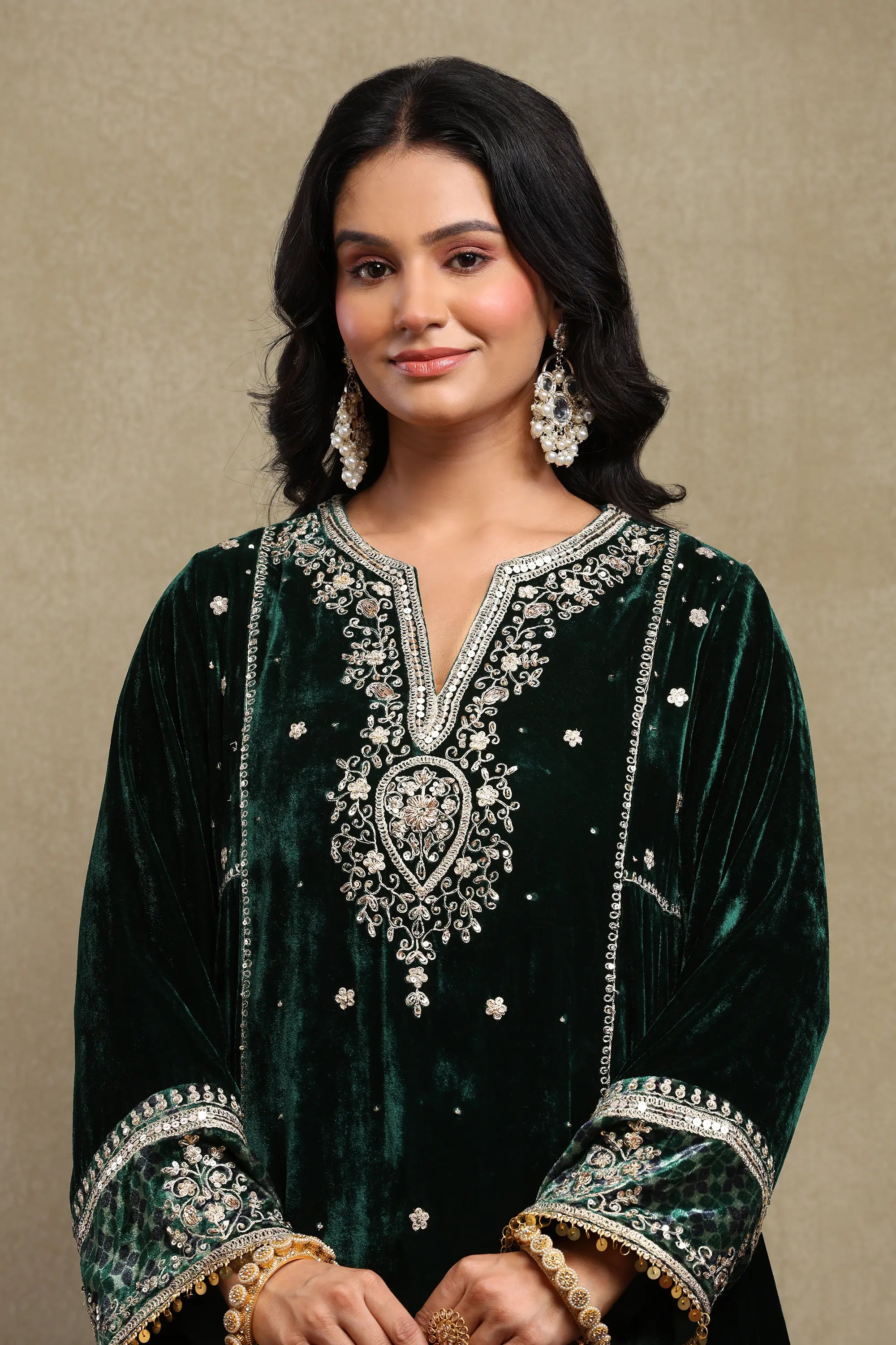 Sahira Forest Green Embroidered Silk Velvet A-Line Kurta Set