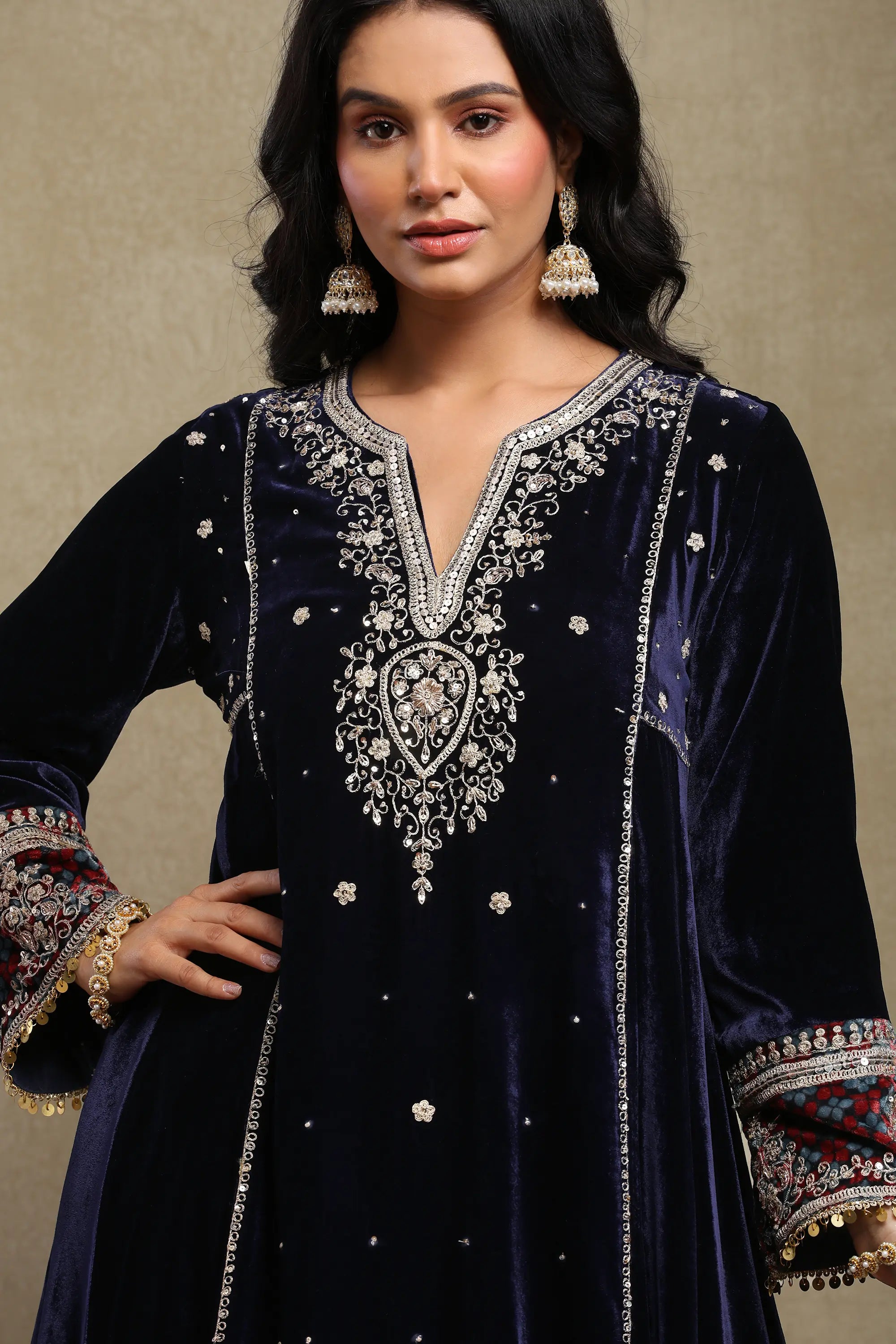 Sahira Navy Blue Embroidered Silk Velvet A-Line Kurta Set