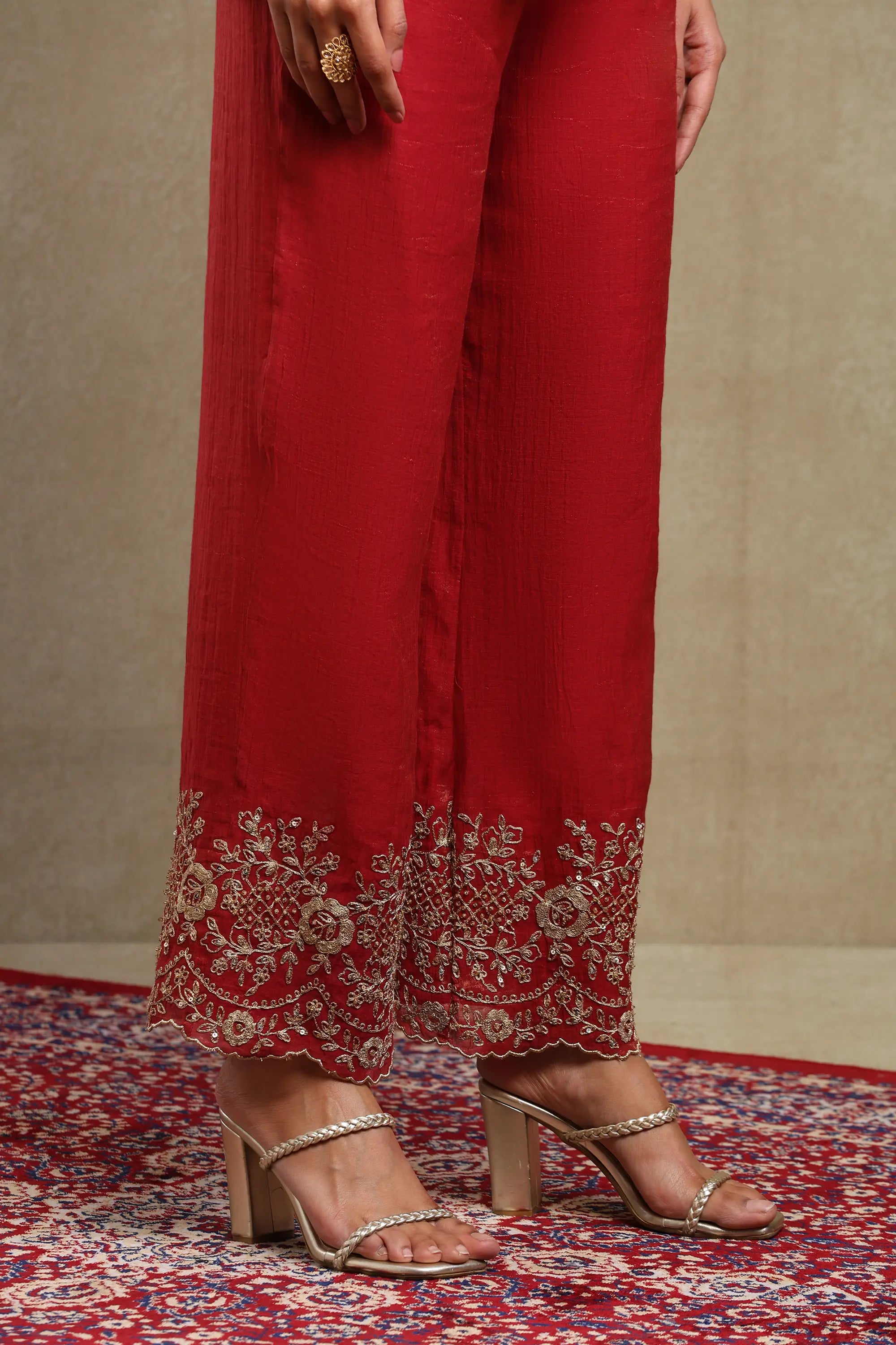 Aadya Red Hand Embroidered Tissue Chanderi Co-Ord Set