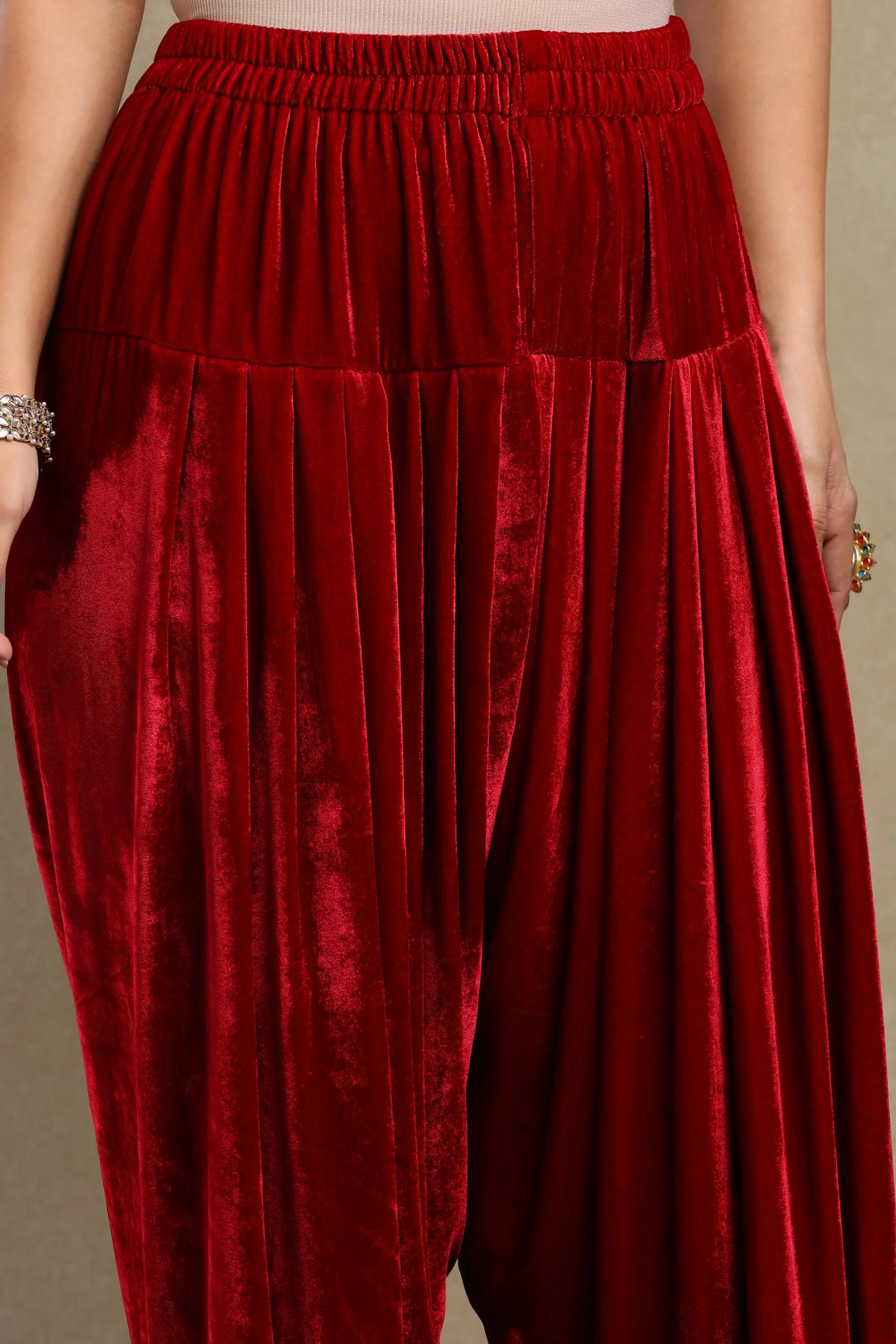 Raabta Cherry Red Embroidered Silk Velvet Kurta Set