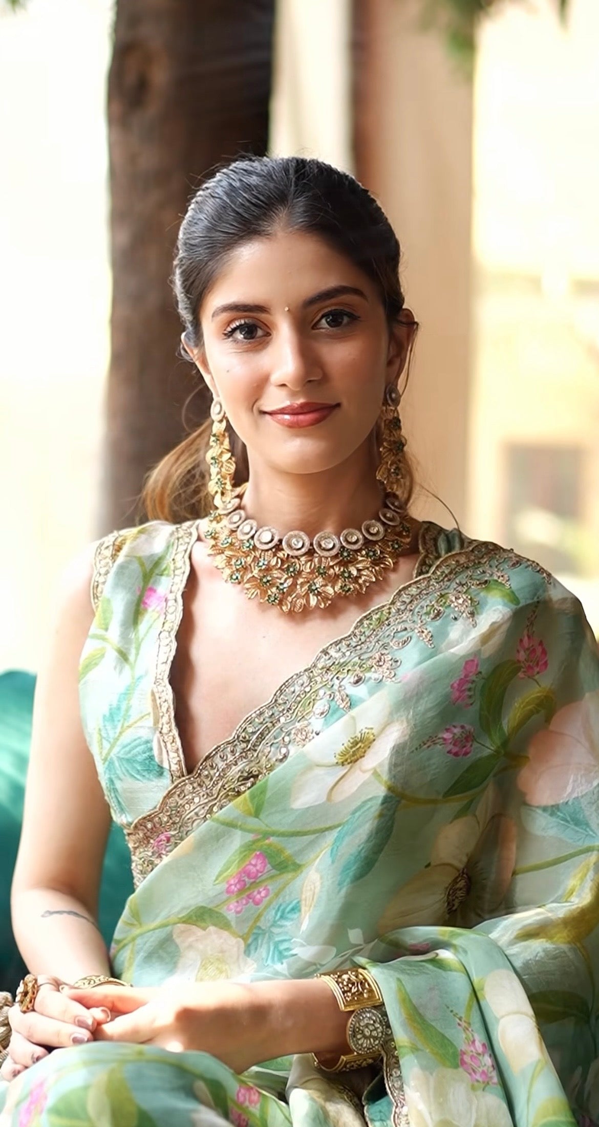 Vridhi Jain in Adira Turquiose Floral Printed Luxe Organza Saree