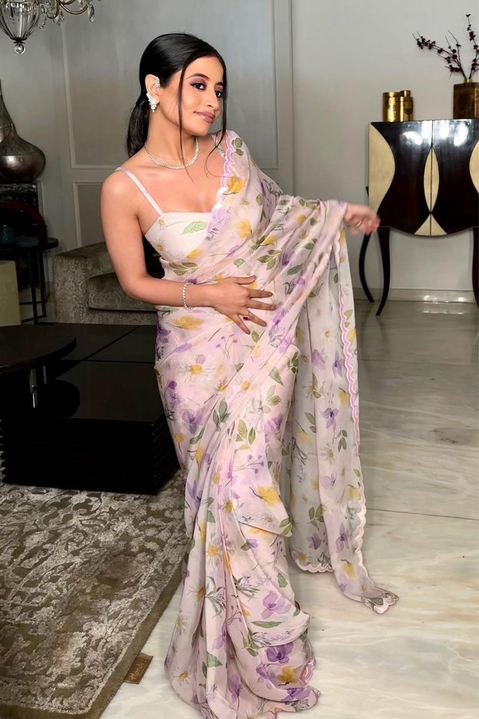 ALINA BABY PINK FLORAL PRINTED HANDCRAFTED ORGANZA SAREE