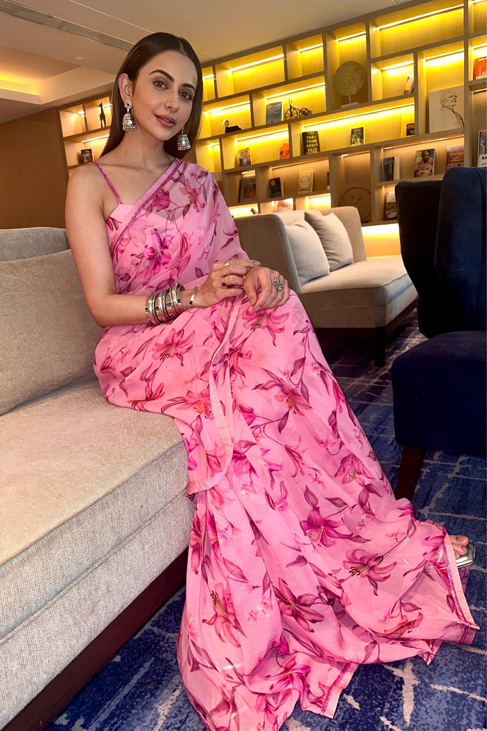 RAKULPREET SINGH IN ALIYA PINK FLORAL PRINTED HANDCRAFTED ORGANZA SAREE