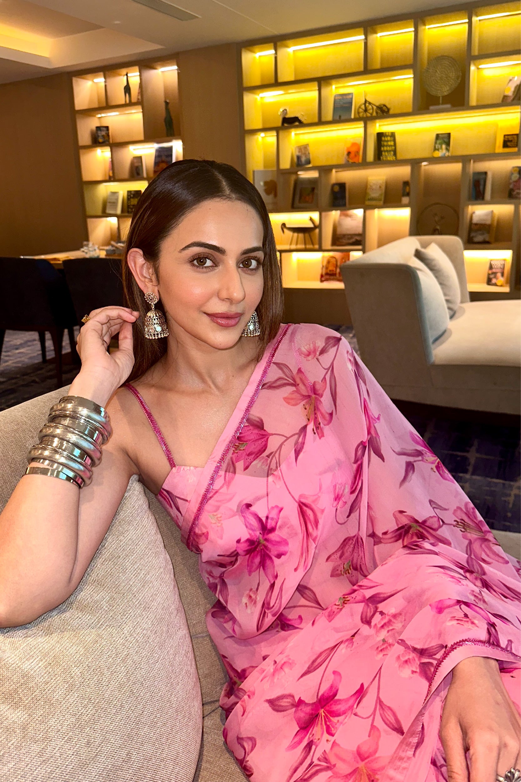 RAKULPREET SINGH IN ALIYA PINK FLORAL PRINTED HANDCRAFTED ORGANZA SAREE