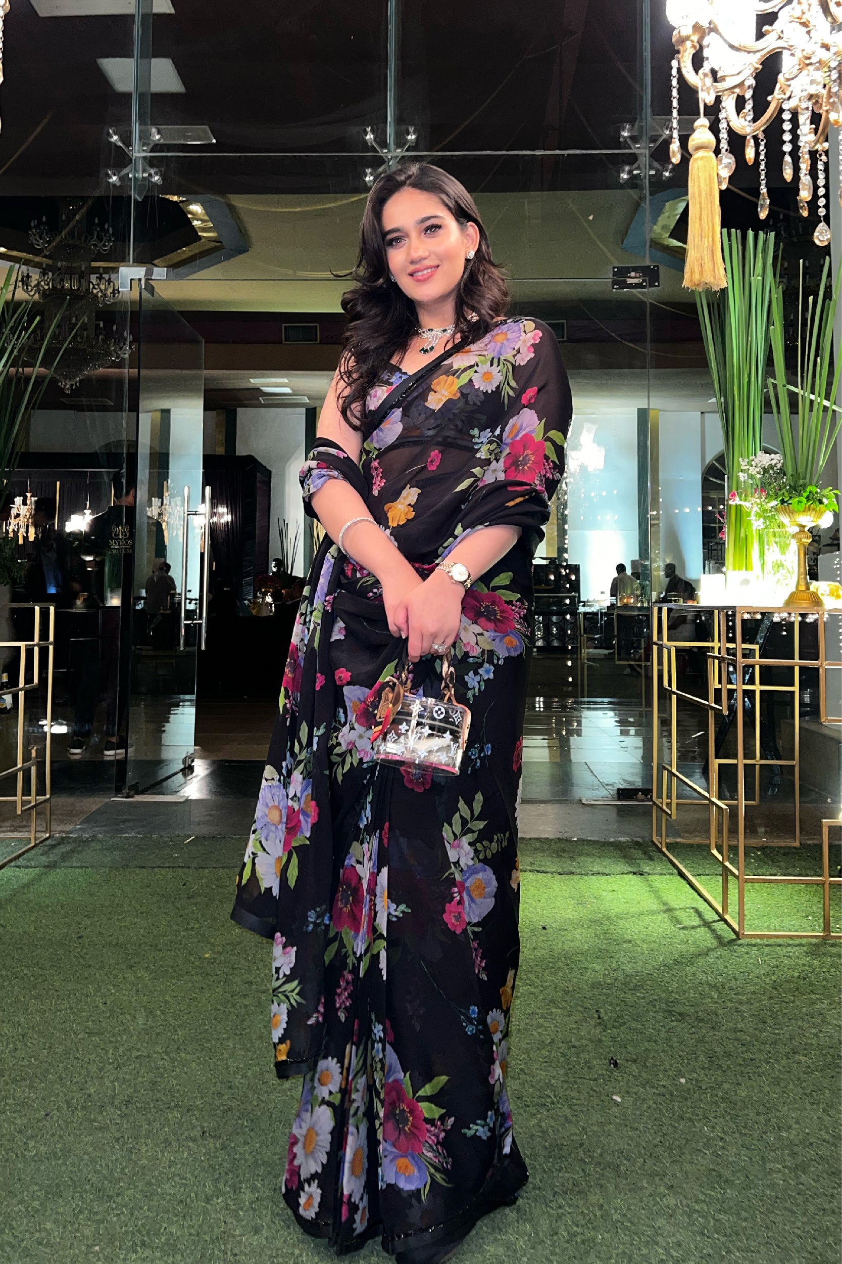 AREEBA BLACK FLORAL PRINTED HANDCRAFTED ORGANZA SAREE