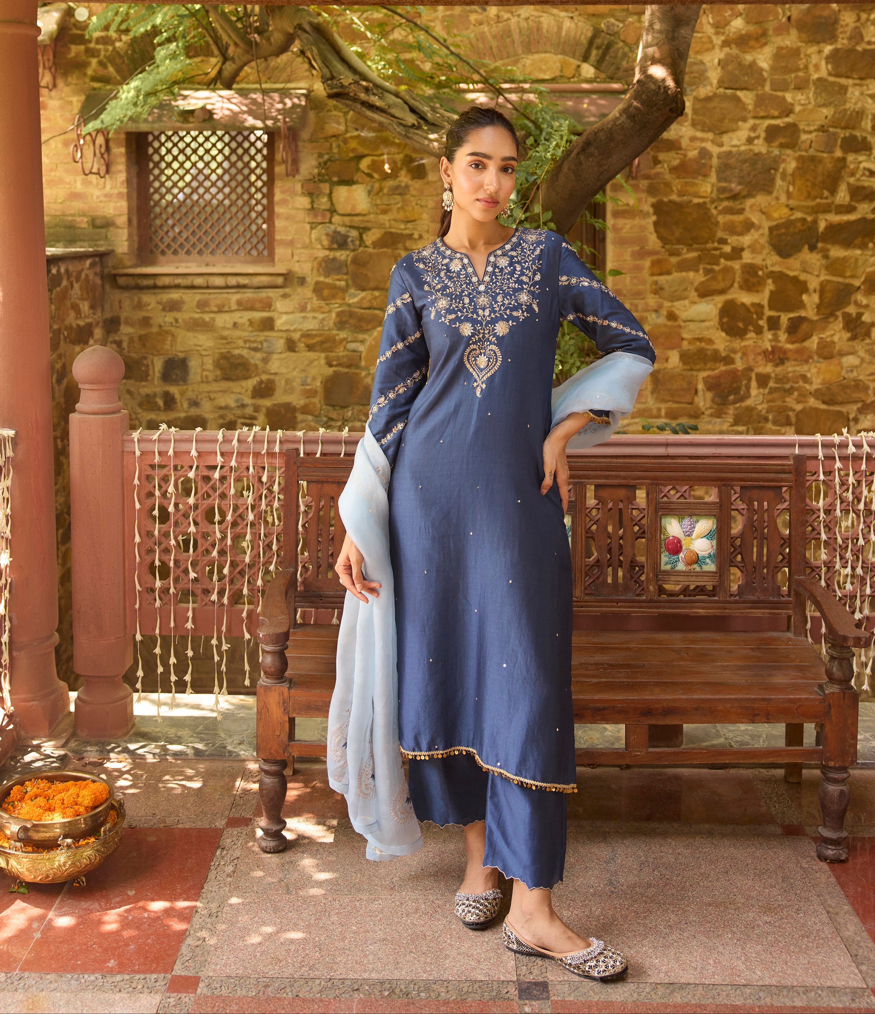 Zeenat Silk Chanderi Embroidered Prussian Blue Straight Kurta Set