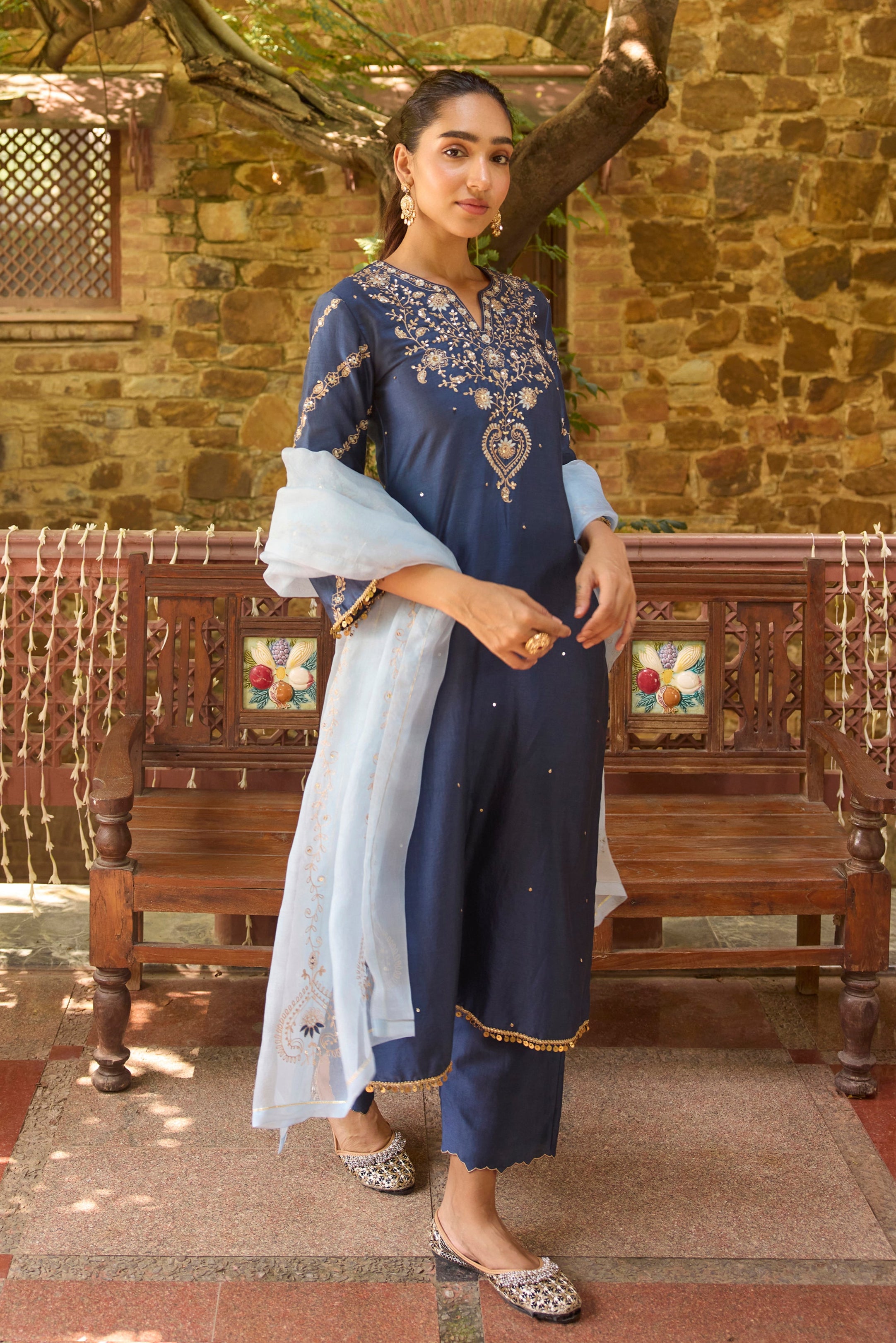 Zeenat Silk Chanderi Embroidered Prussian Blue Straight Kurta Set