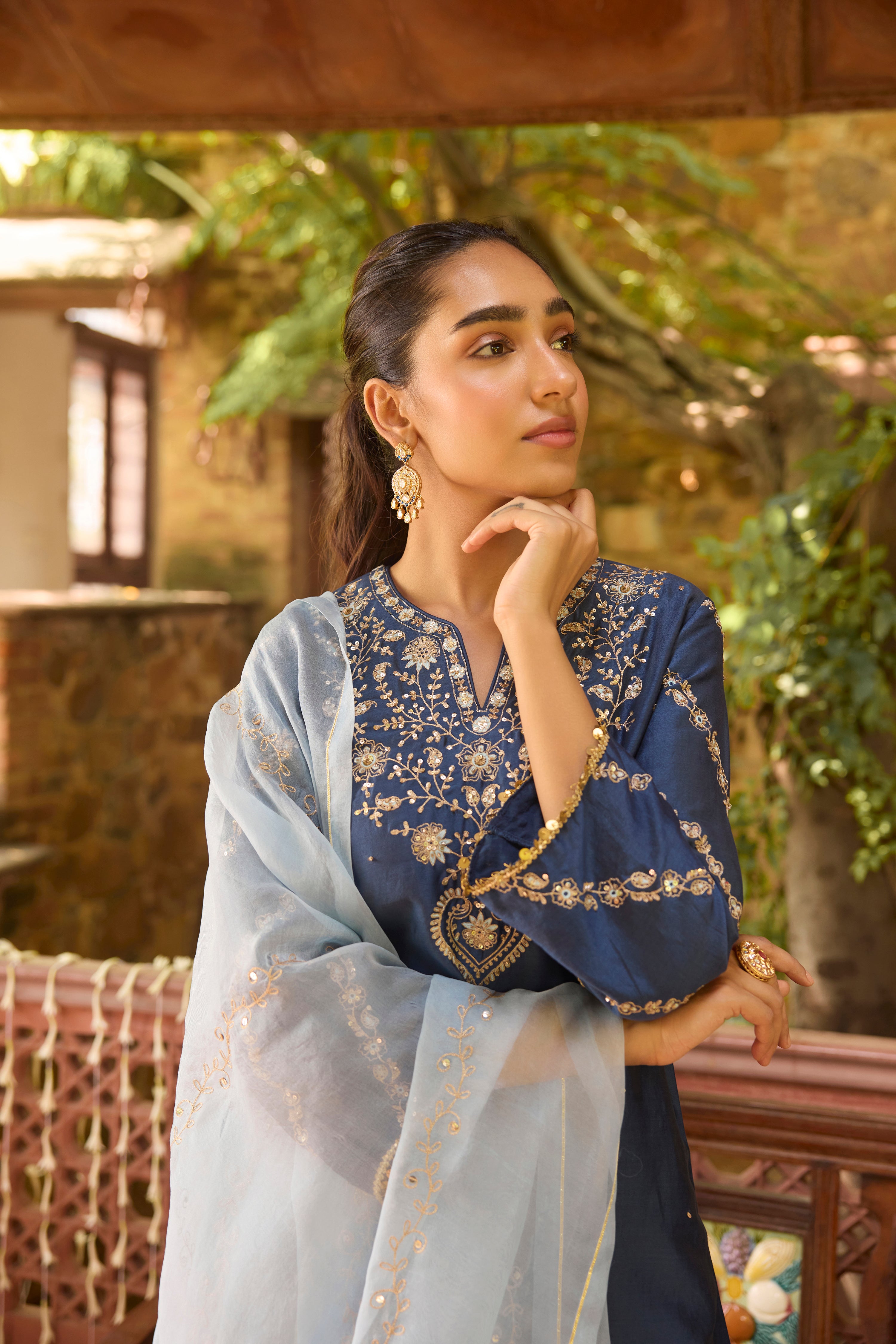 Zeenat Silk Chanderi Embroidered Prussian Blue Straight Kurta Set