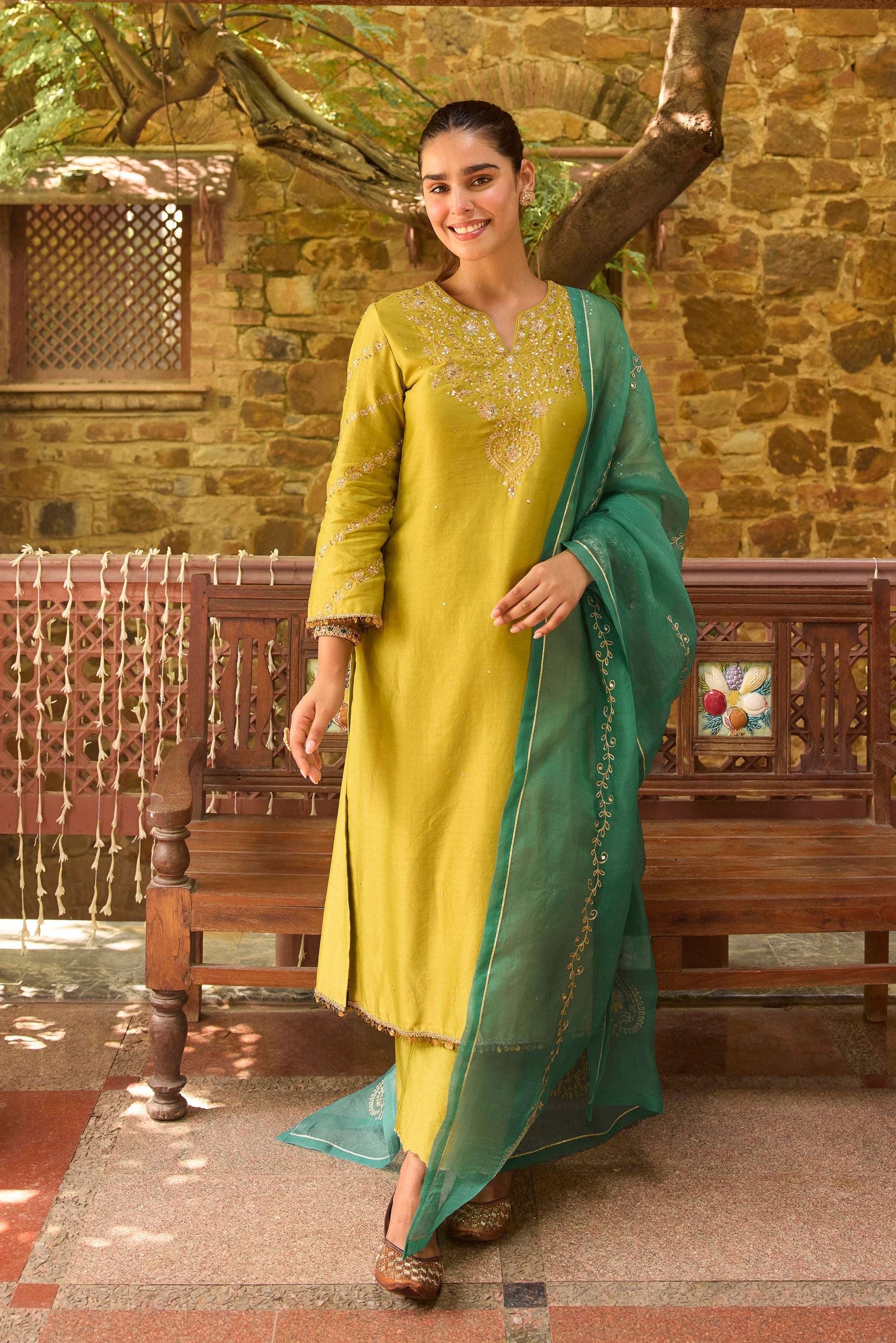 Zeenat Silk Chanderi Embroidered Apple Green Straight Kurta Set