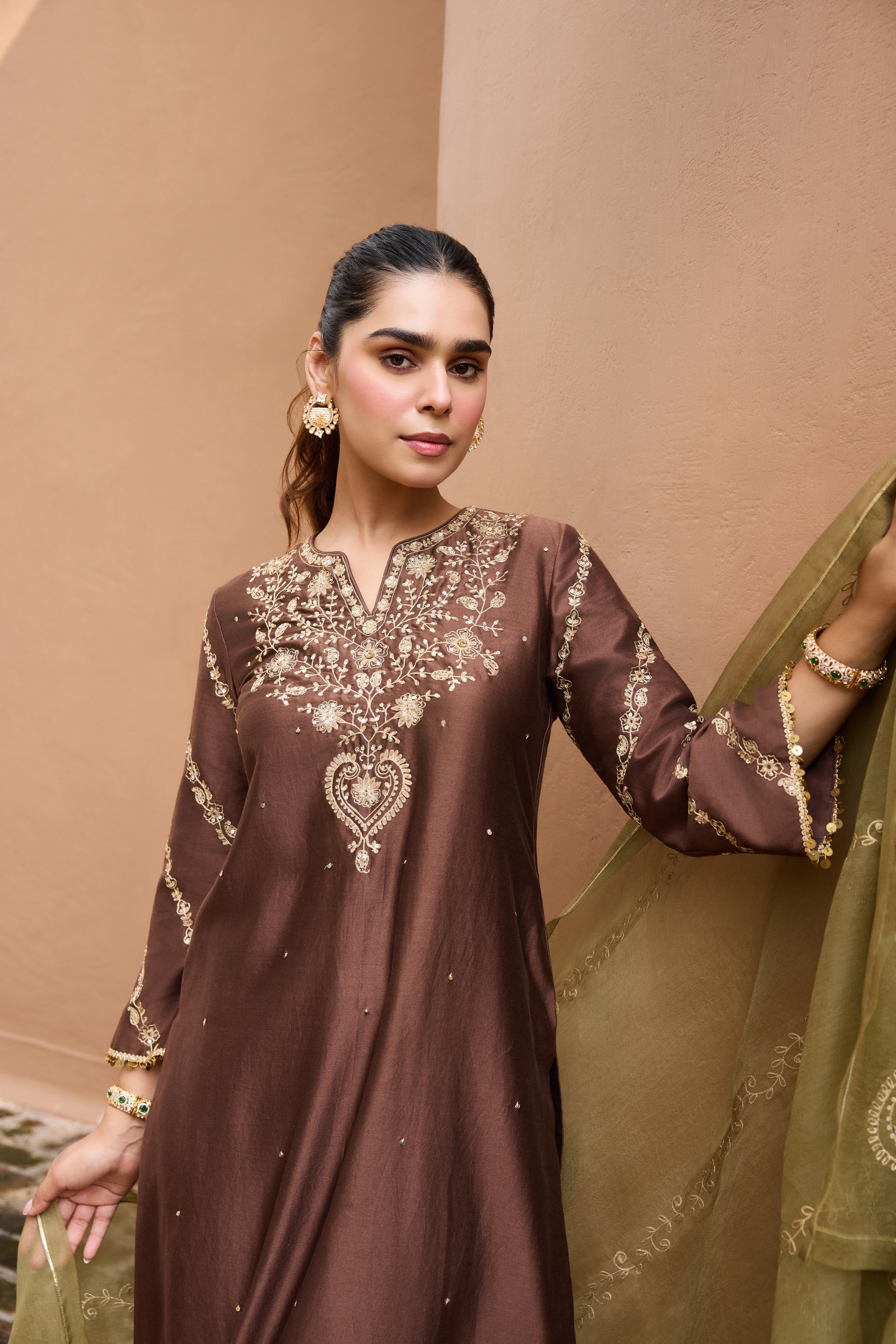 Zeenat Silk Chanderi Embroidered Mocha Mousse Straight Kurta Set