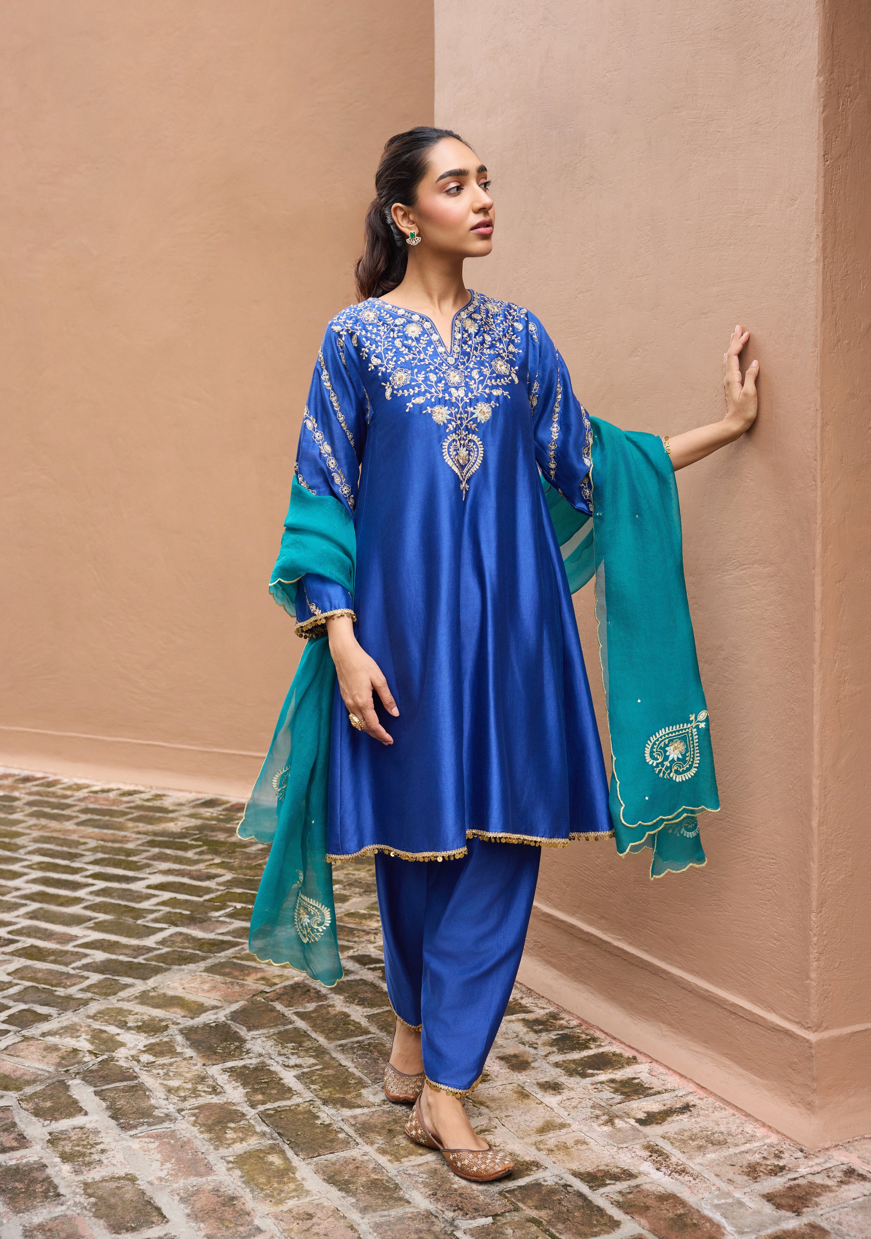 Sitarah Silk Chanderi Embroidered Royal Blue A-Line Choga Set