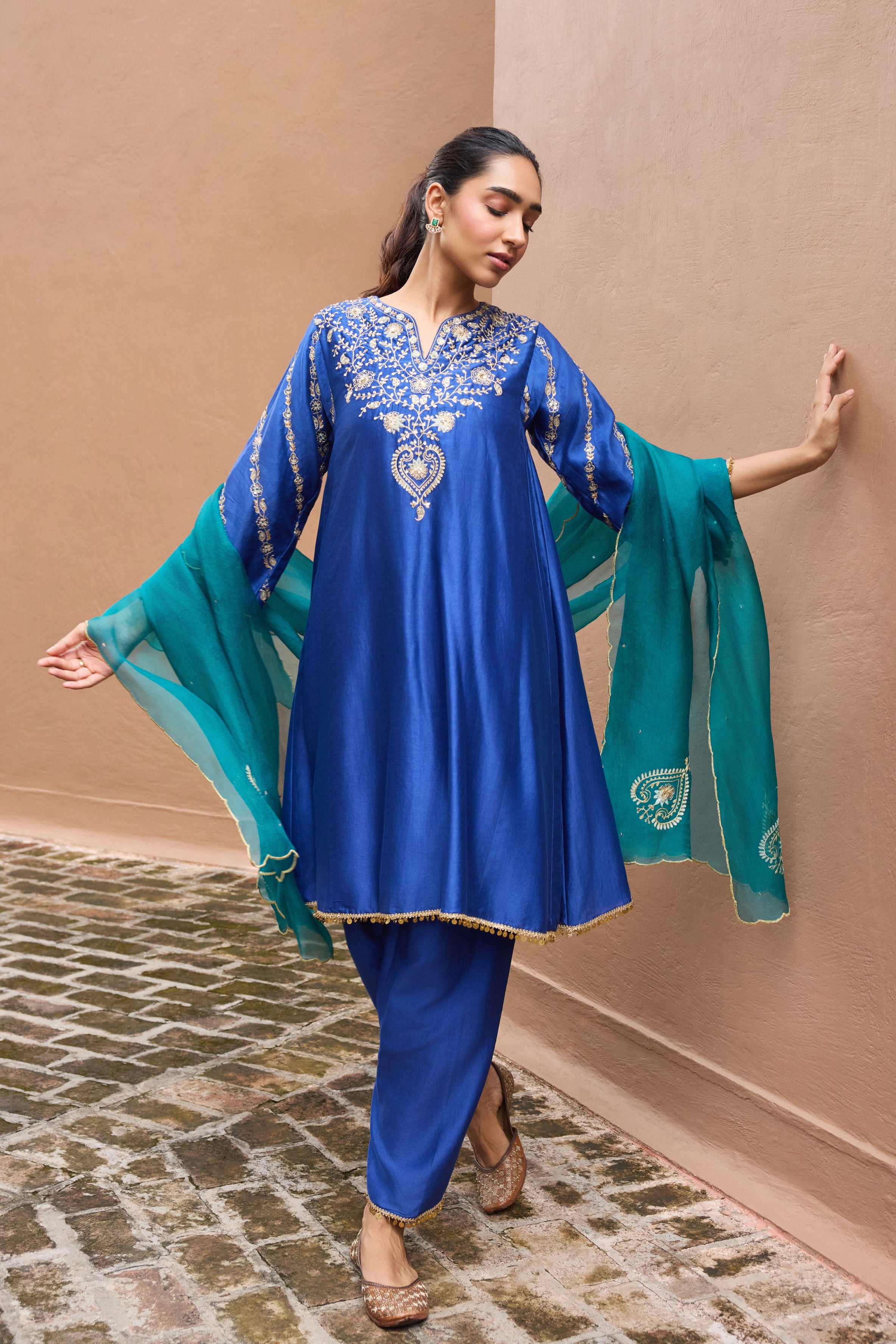 Sitarah Silk Chanderi Embroidered Royal Blue A-Line Choga Set