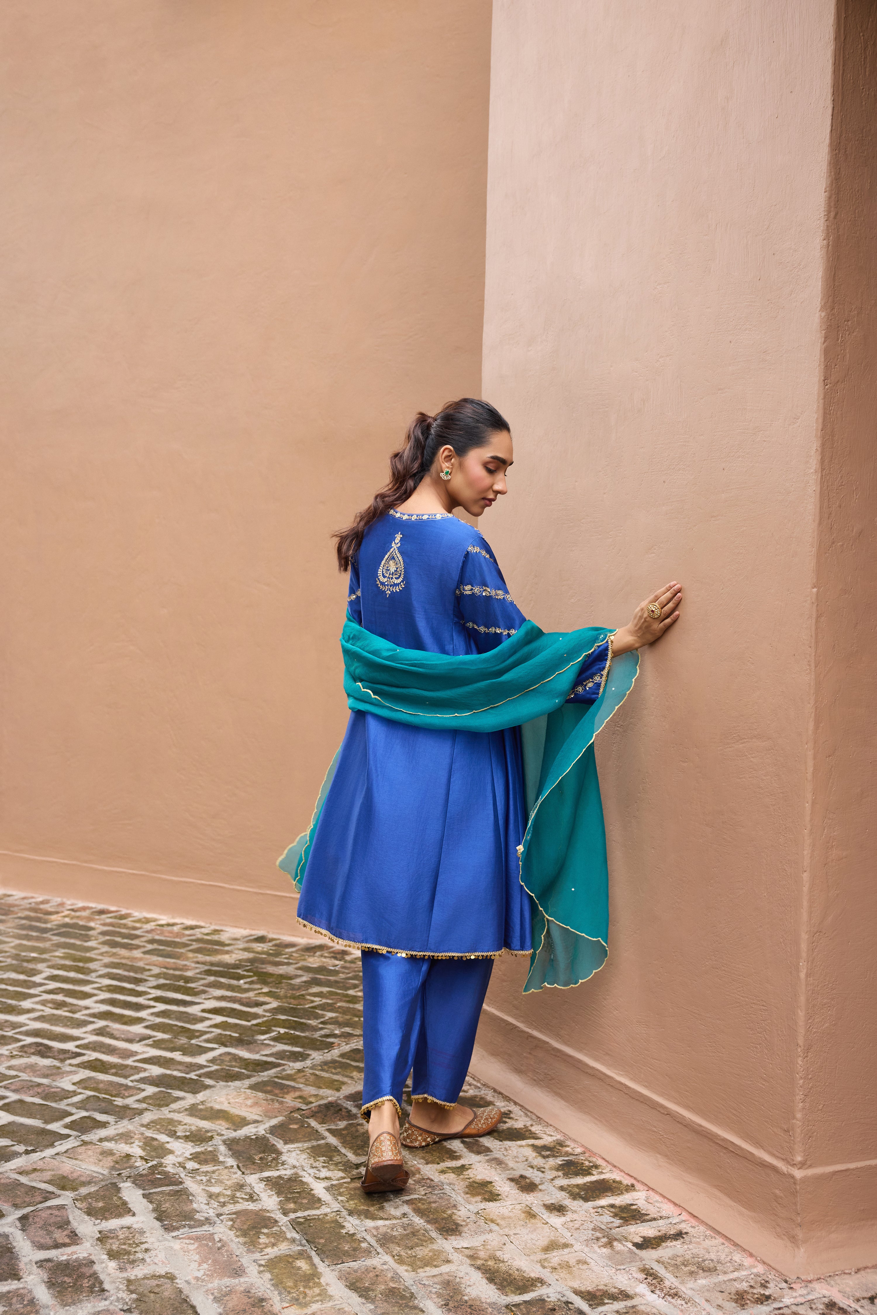 Sitarah Silk Chanderi Embroidered Royal Blue A-Line Choga Set