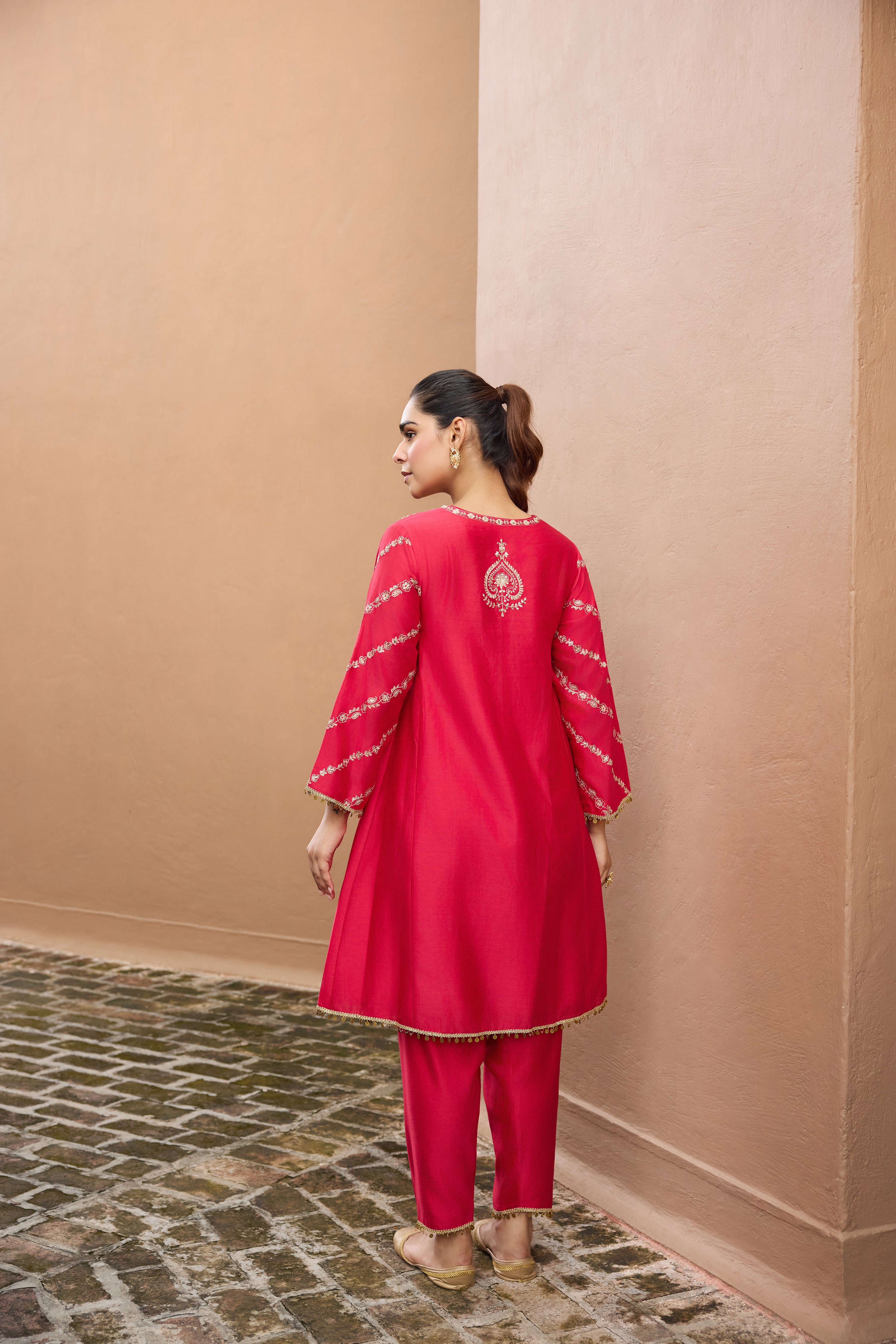 Sitarah Silk Chanderi Embroidered Ruby A-Line Choga Set (Ready To Ship)