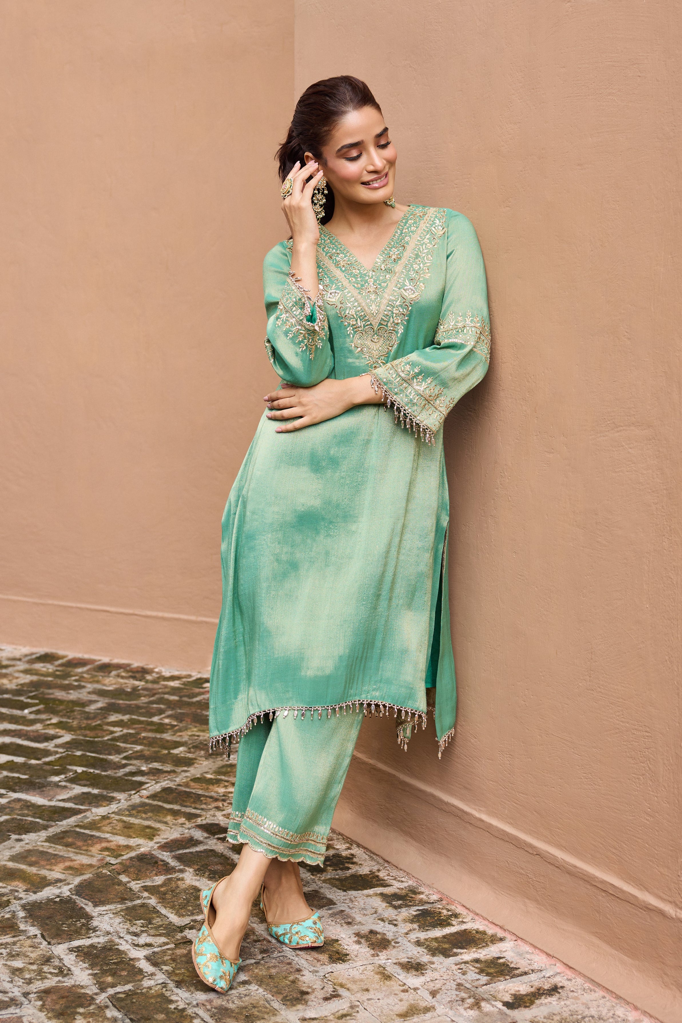 Sultana Tissue Embroidered Emerald Green High-Low Kurta Set