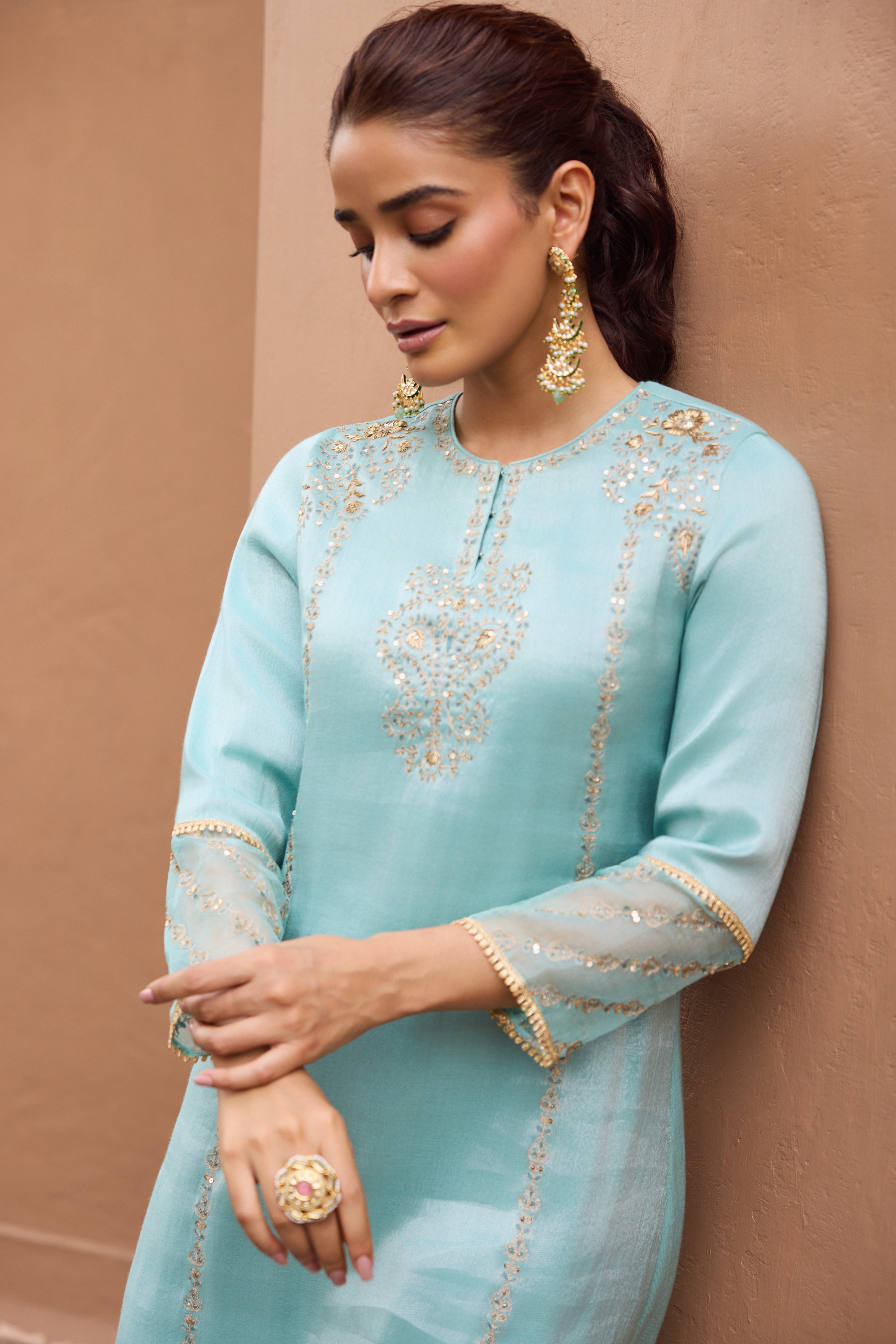 Nurah Tissue Embroidered Light Blue A-Line Kurta Set