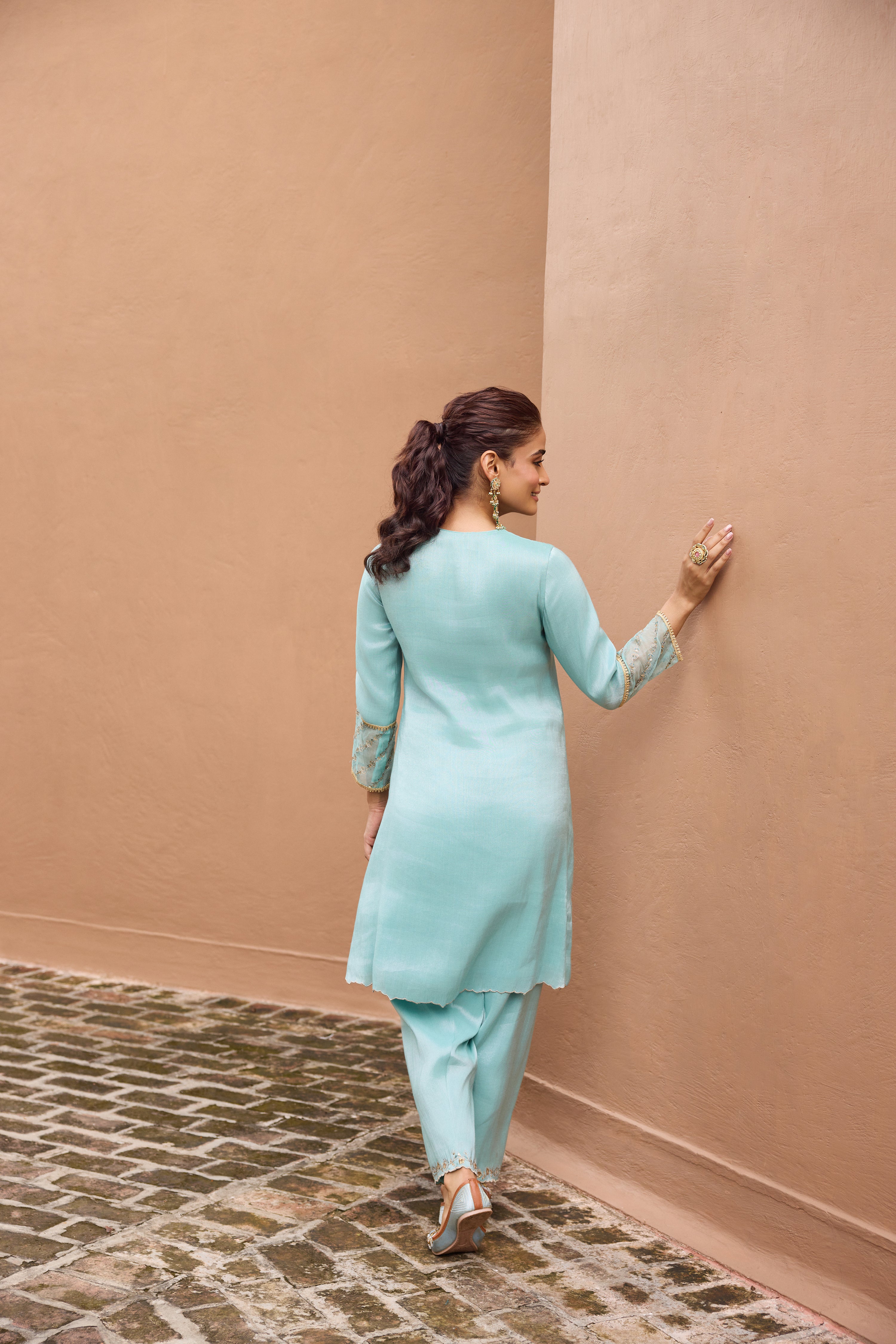 Nurah Tissue Embroidered Light Blue A-Line Kurta Set