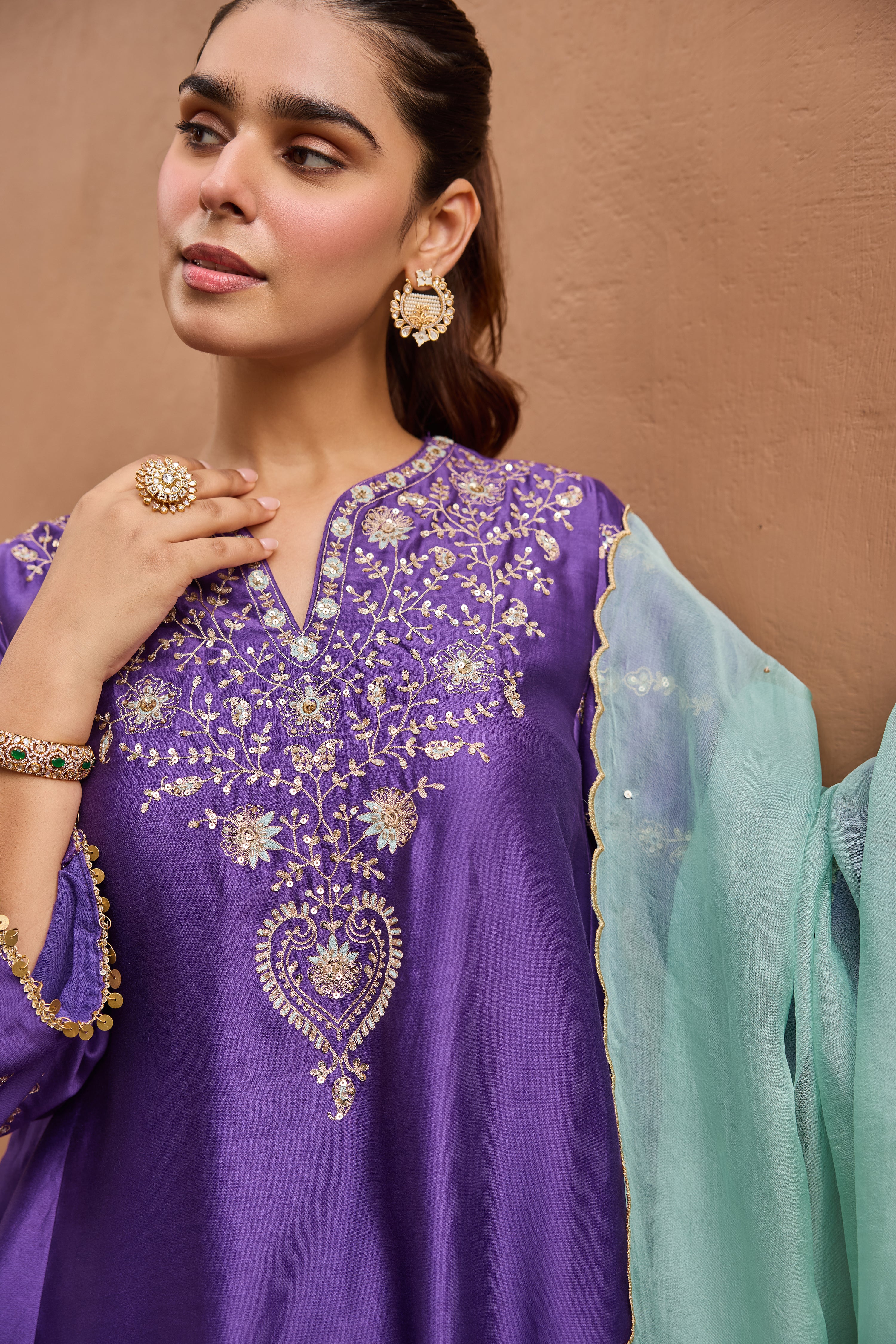 Sitarah Silk Chanderi Embroidered Purple A-Line Choga Set