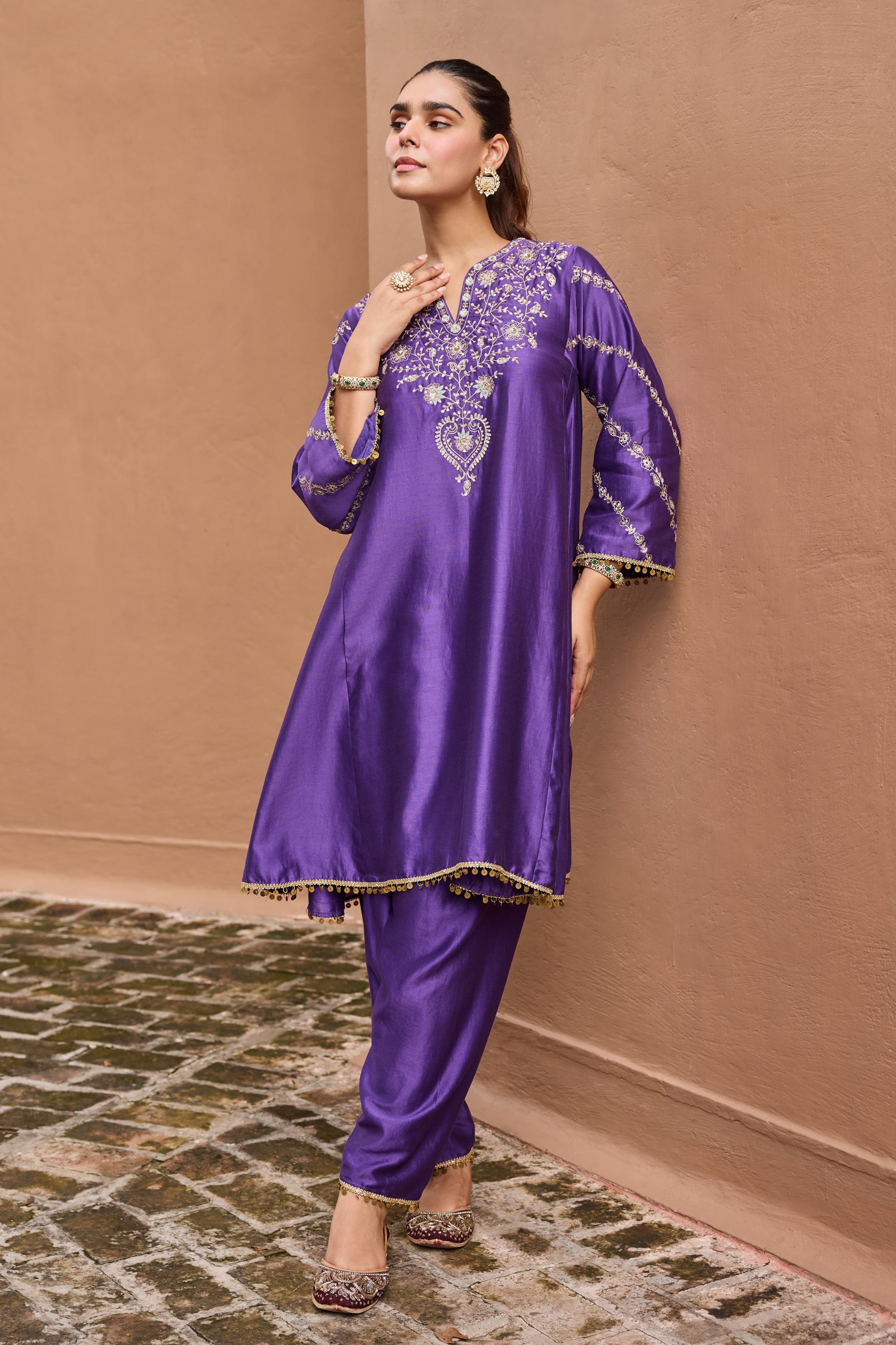 Sitarah Silk Chanderi Embroidered Purple A-Line Choga Set
