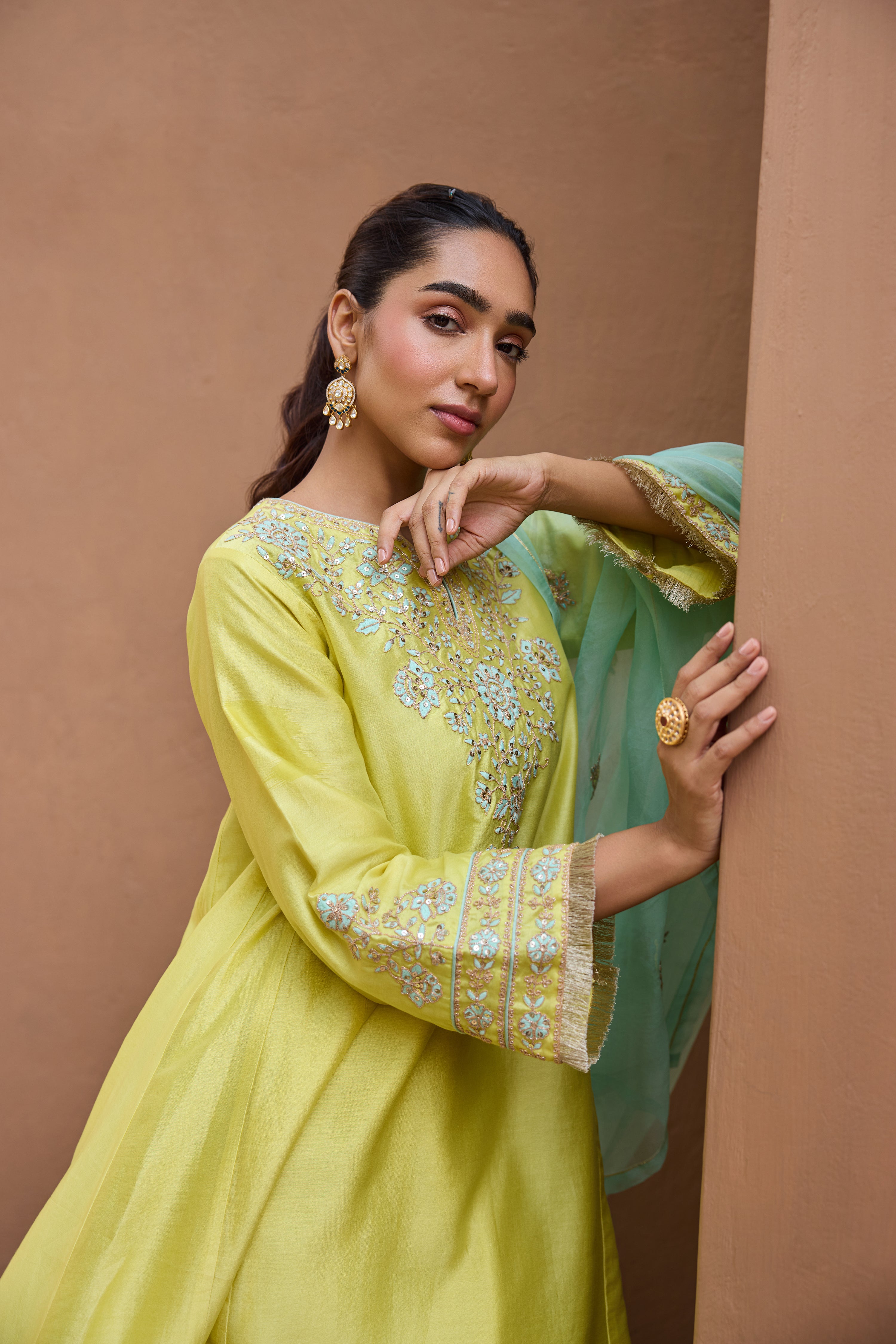 Kainat Silk Chanderi Embroidered Lime Yellow A-Line Choga Set (READY TO SHIP)