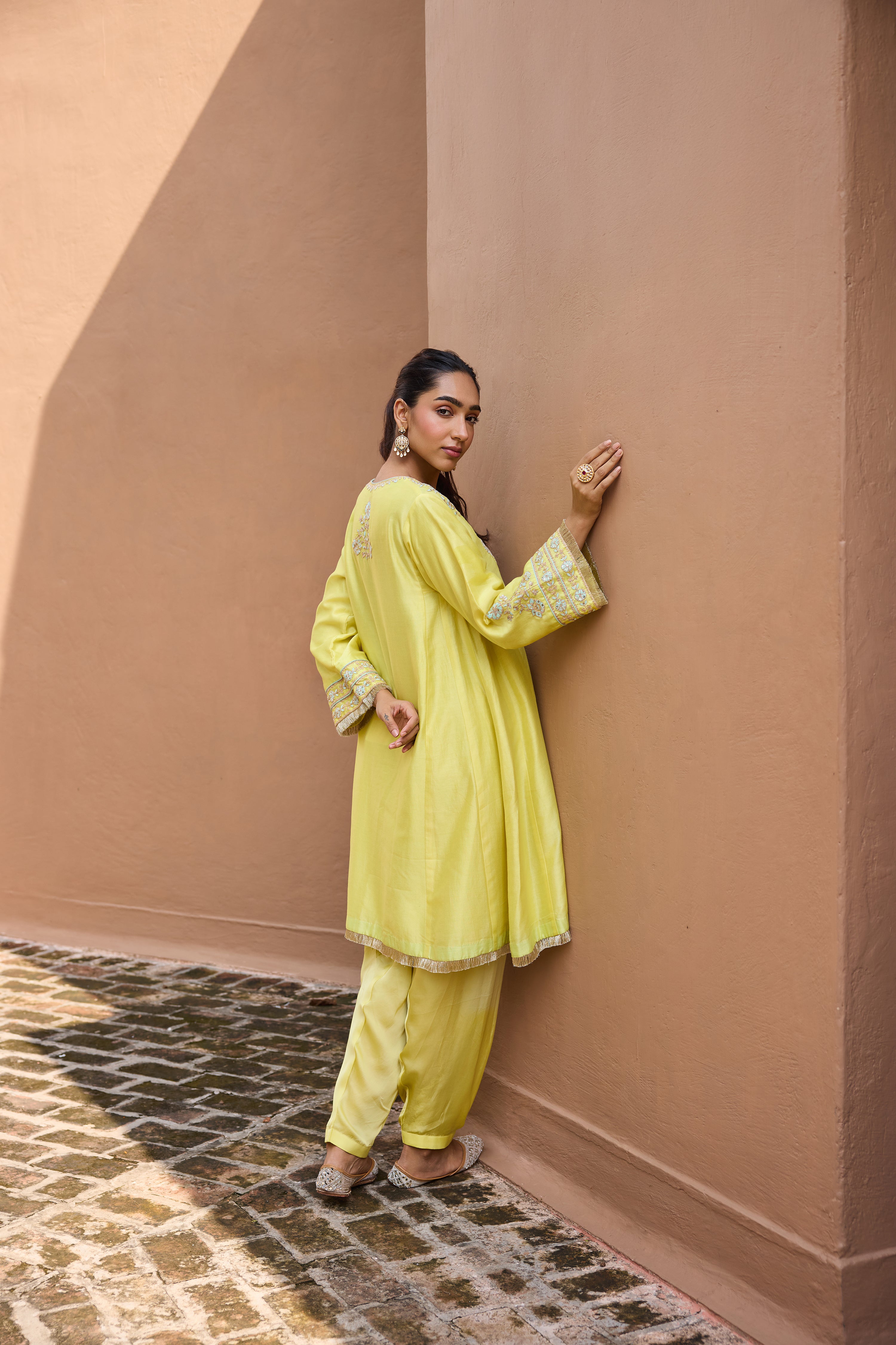 Kainat Silk Chanderi Embroidered Lime Yellow A-Line Choga Set (READY TO SHIP)