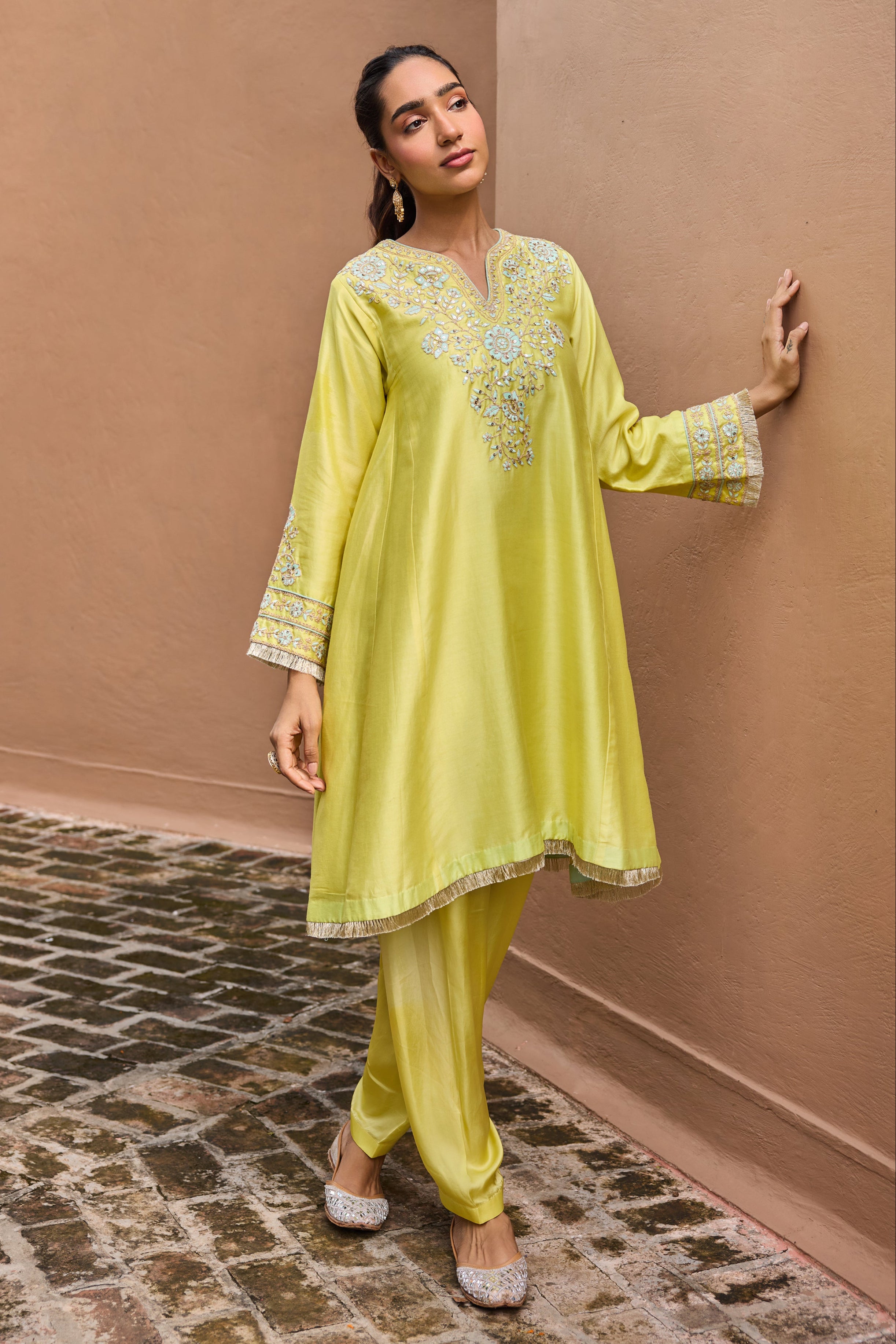 Kainat Silk Chanderi Embroidered Lime Yellow A-Line Choga Set (READY TO SHIP)