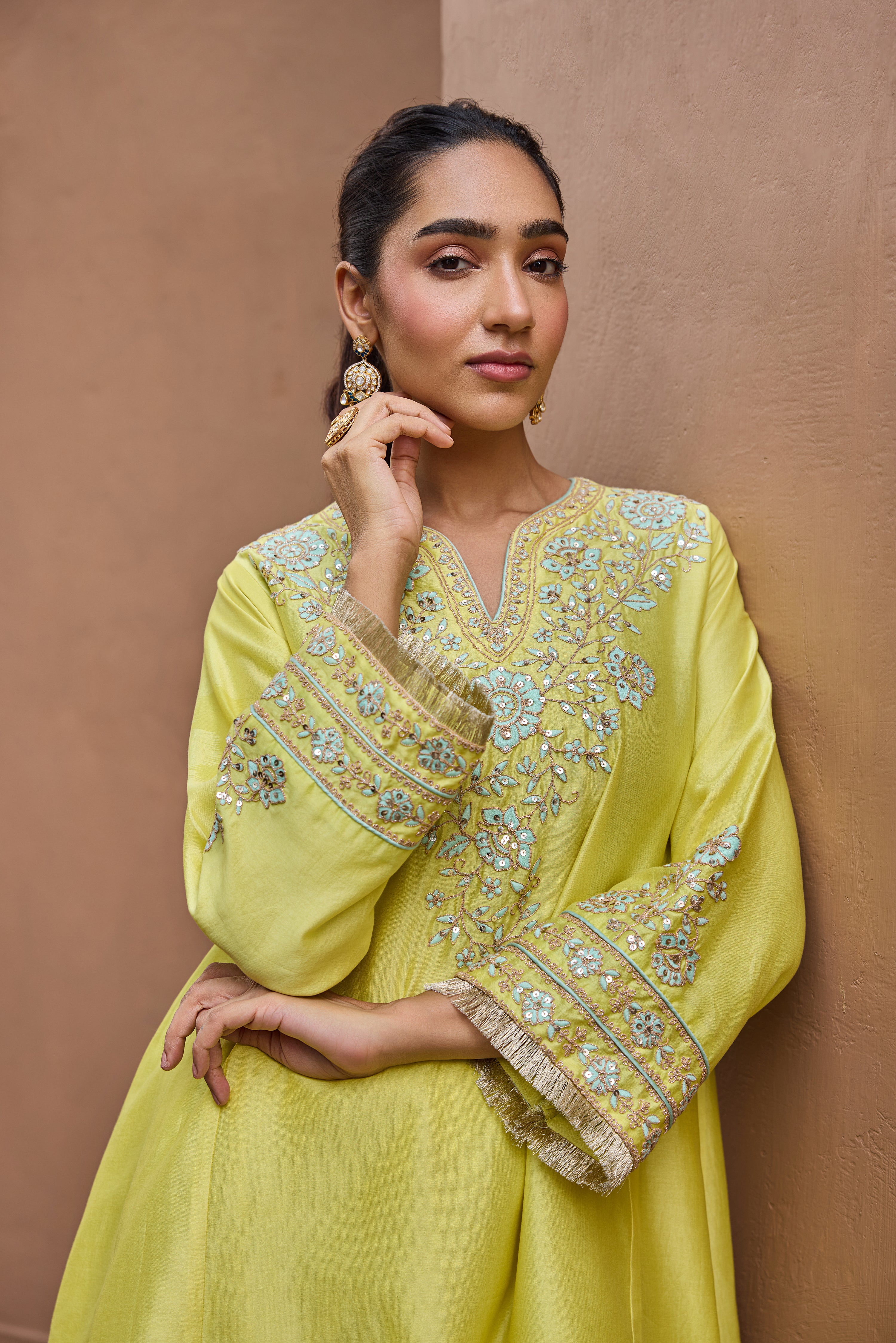 Kainat Silk Chanderi Embroidered Lime Yellow A-Line Choga Set (READY TO SHIP)
