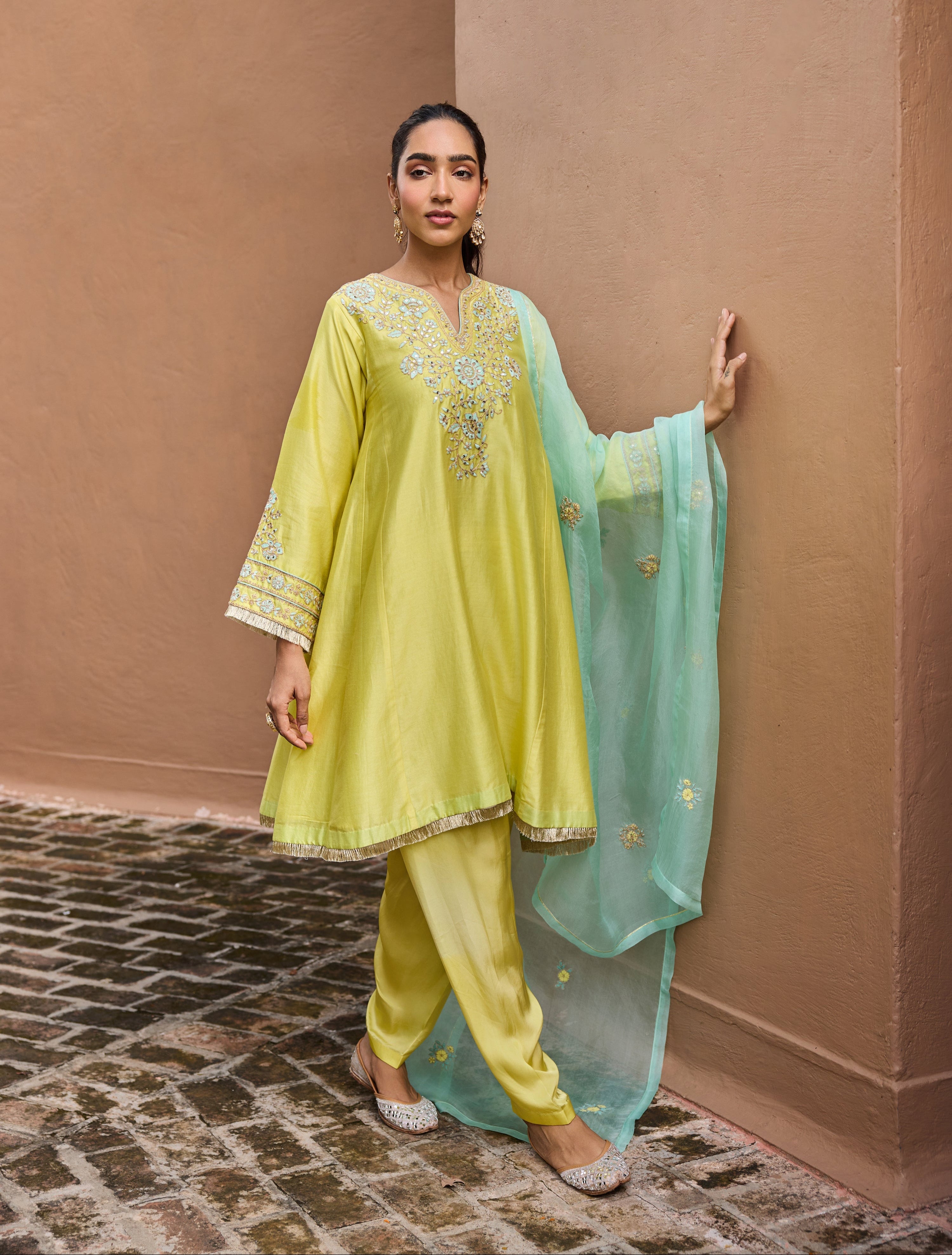 Kainat Silk Chanderi Embroidered Lime Yellow A-Line Choga Set (READY TO SHIP)