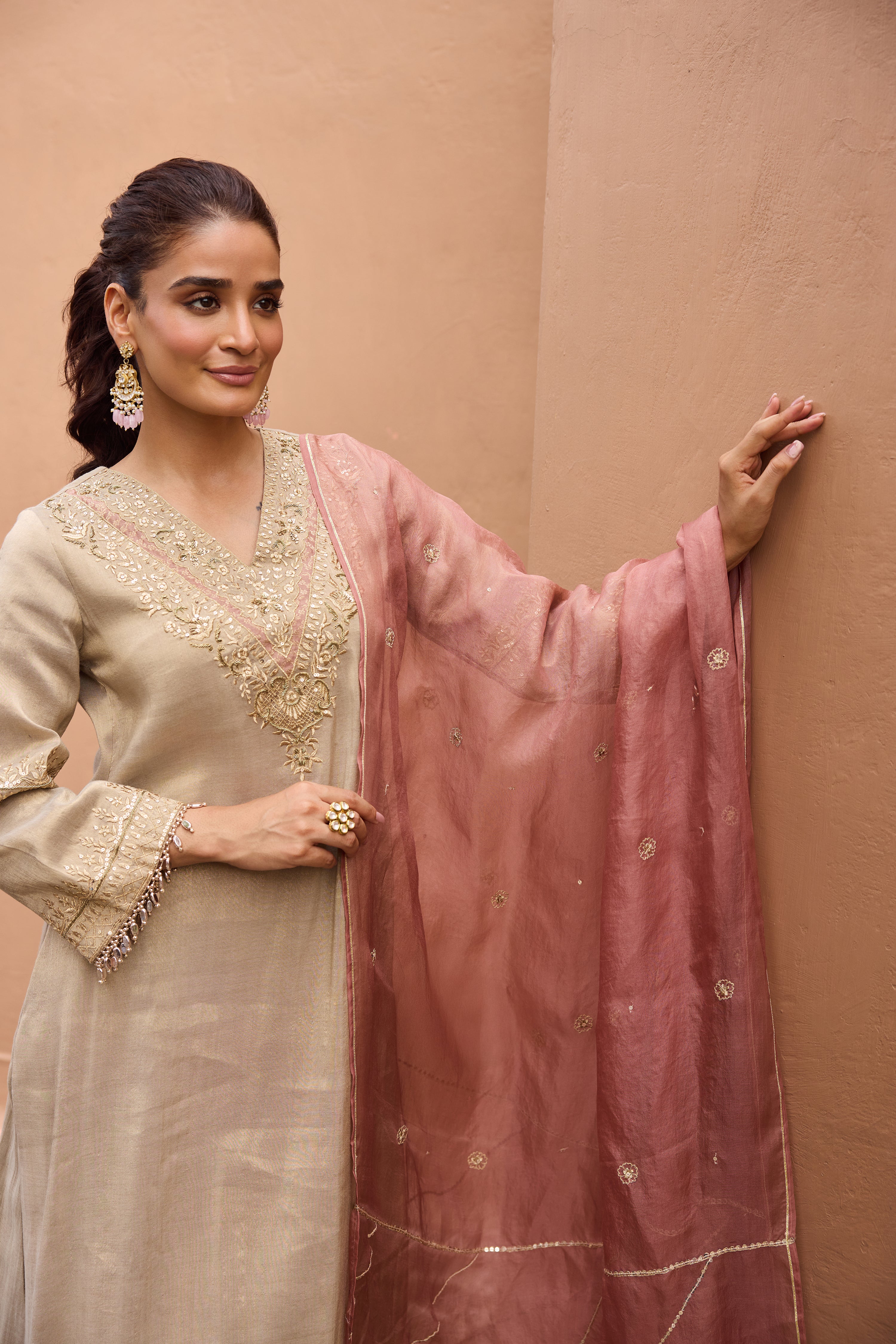 Sultana Tissue Embroidered Crystal Grey High-Low Kurta Set (READY TO SHIP)