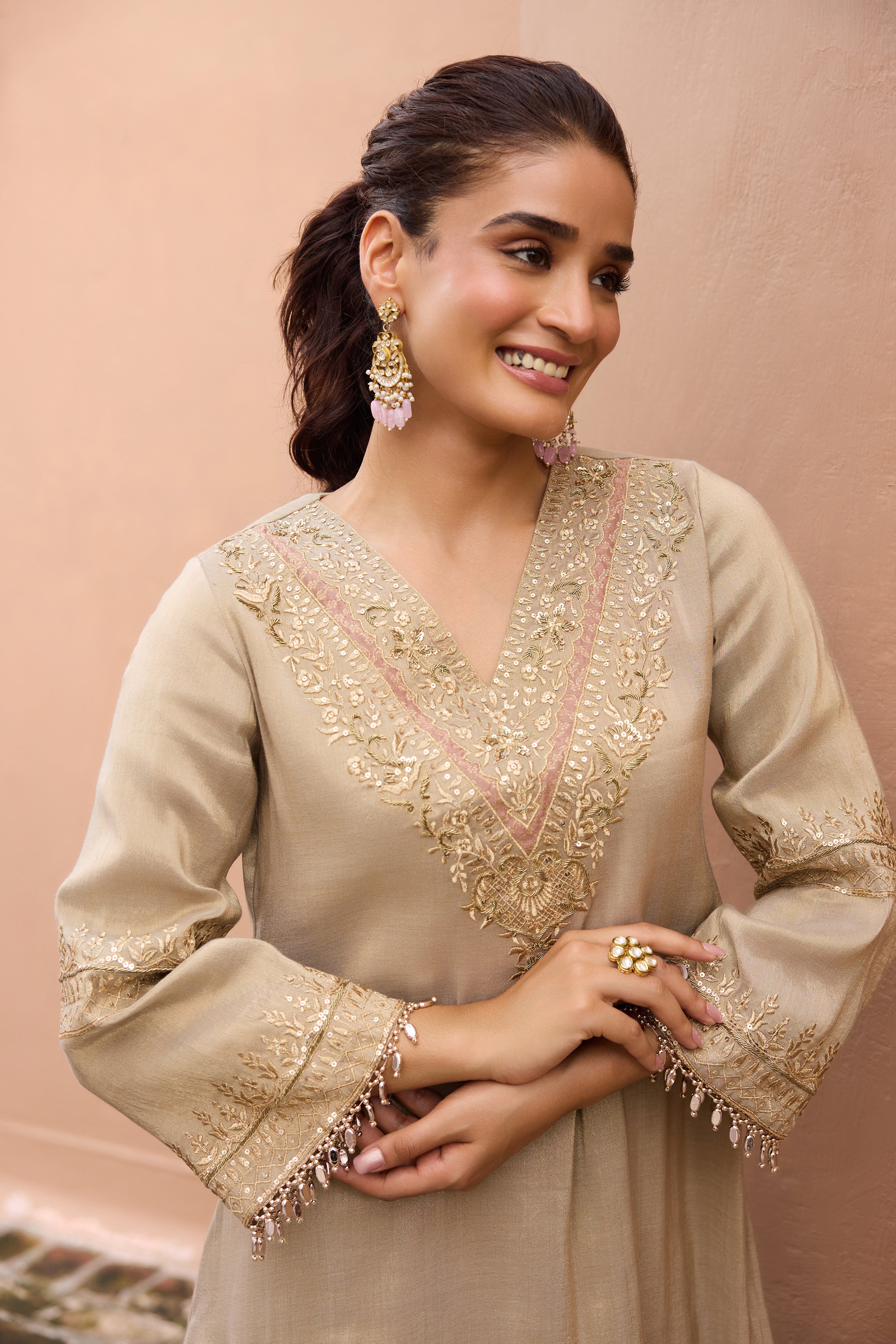 Sultana Tissue Embroidered Crystal Grey High-Low Kurta Set (READY TO SHIP)