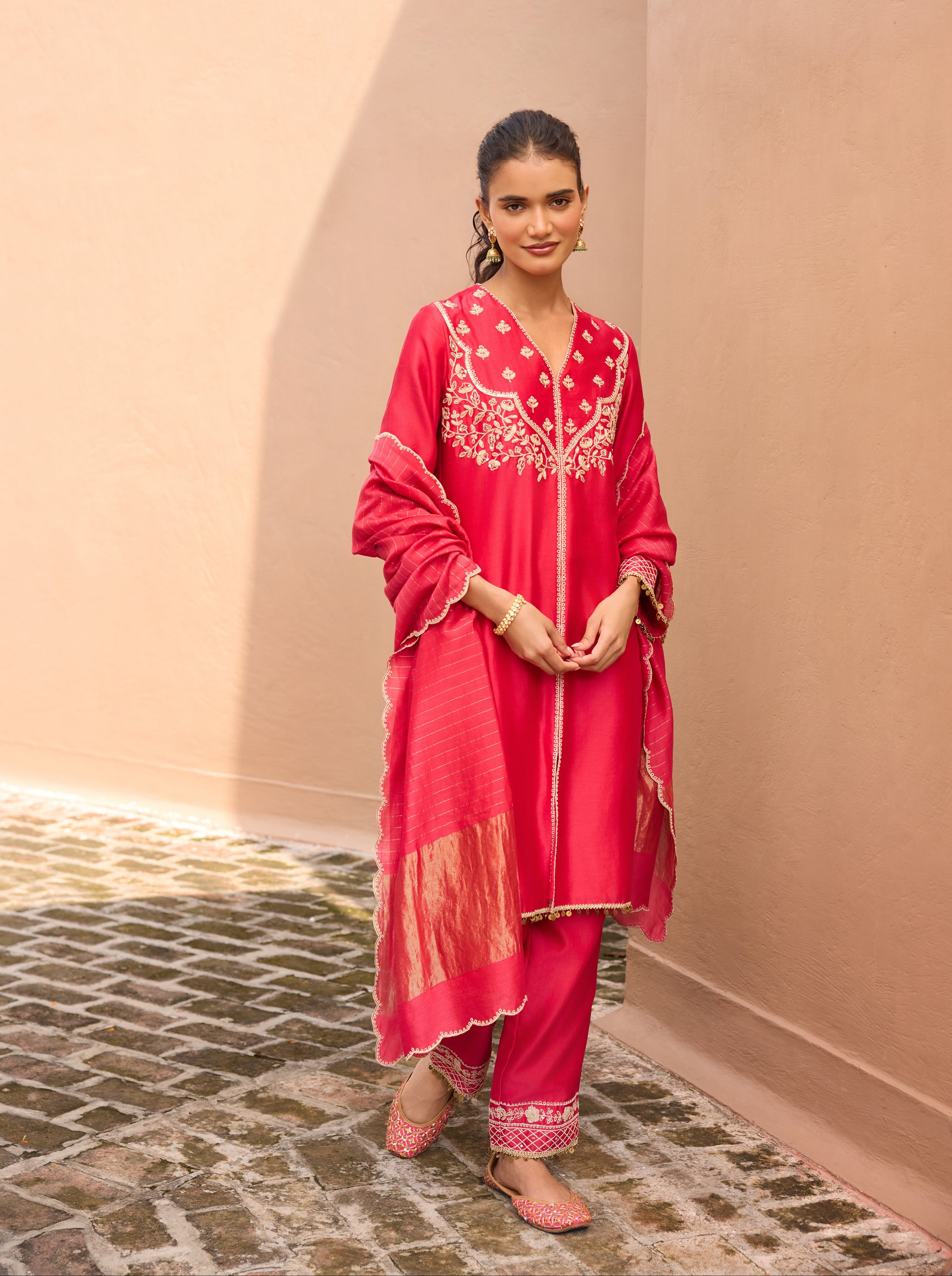 Falak Silk Chanderi Embroidered Ruby Pink Straight Kurta Set (READY TO SHIP)