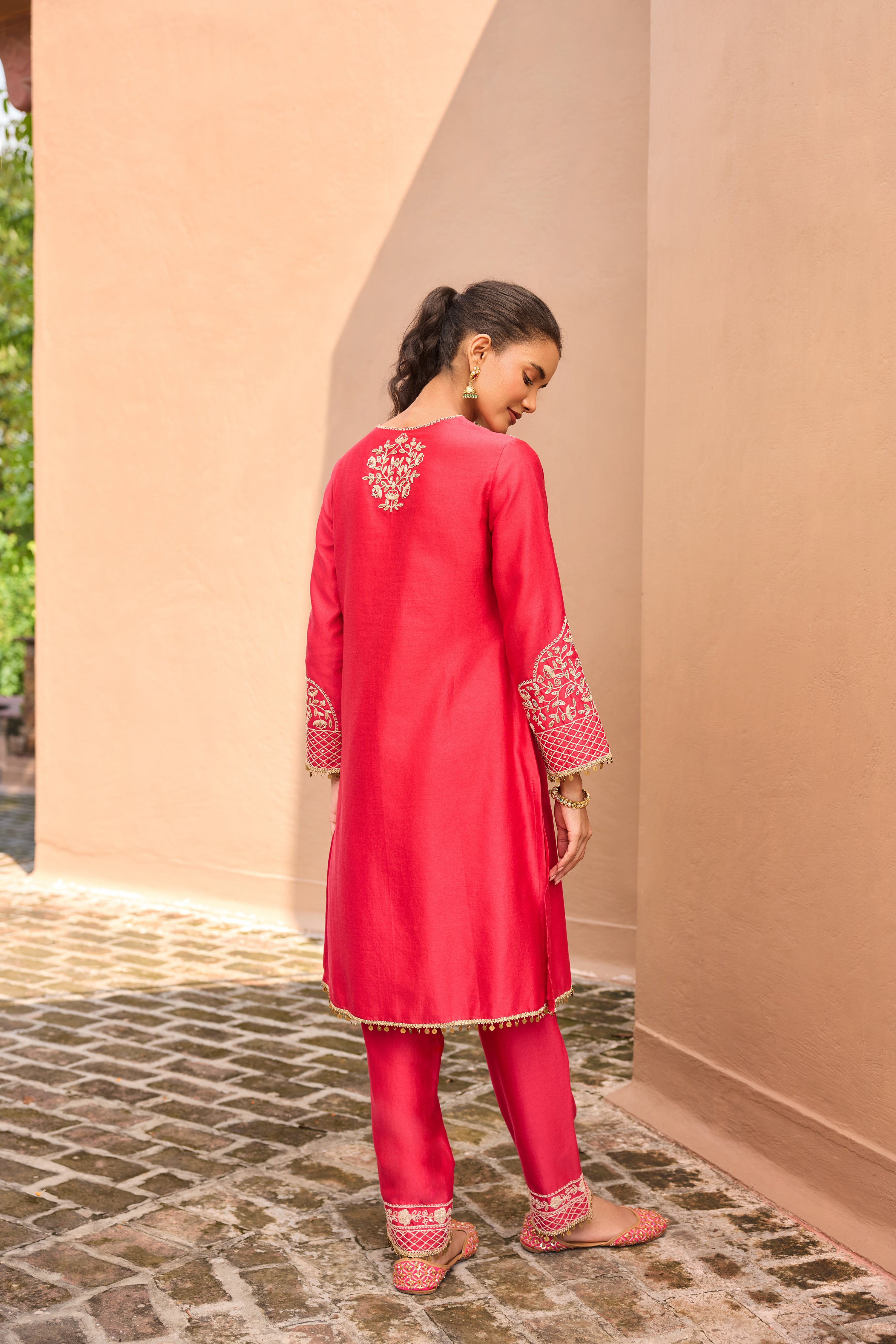 Falak Silk Chanderi Embroidered Ruby Pink Straight Kurta Set (READY TO SHIP)