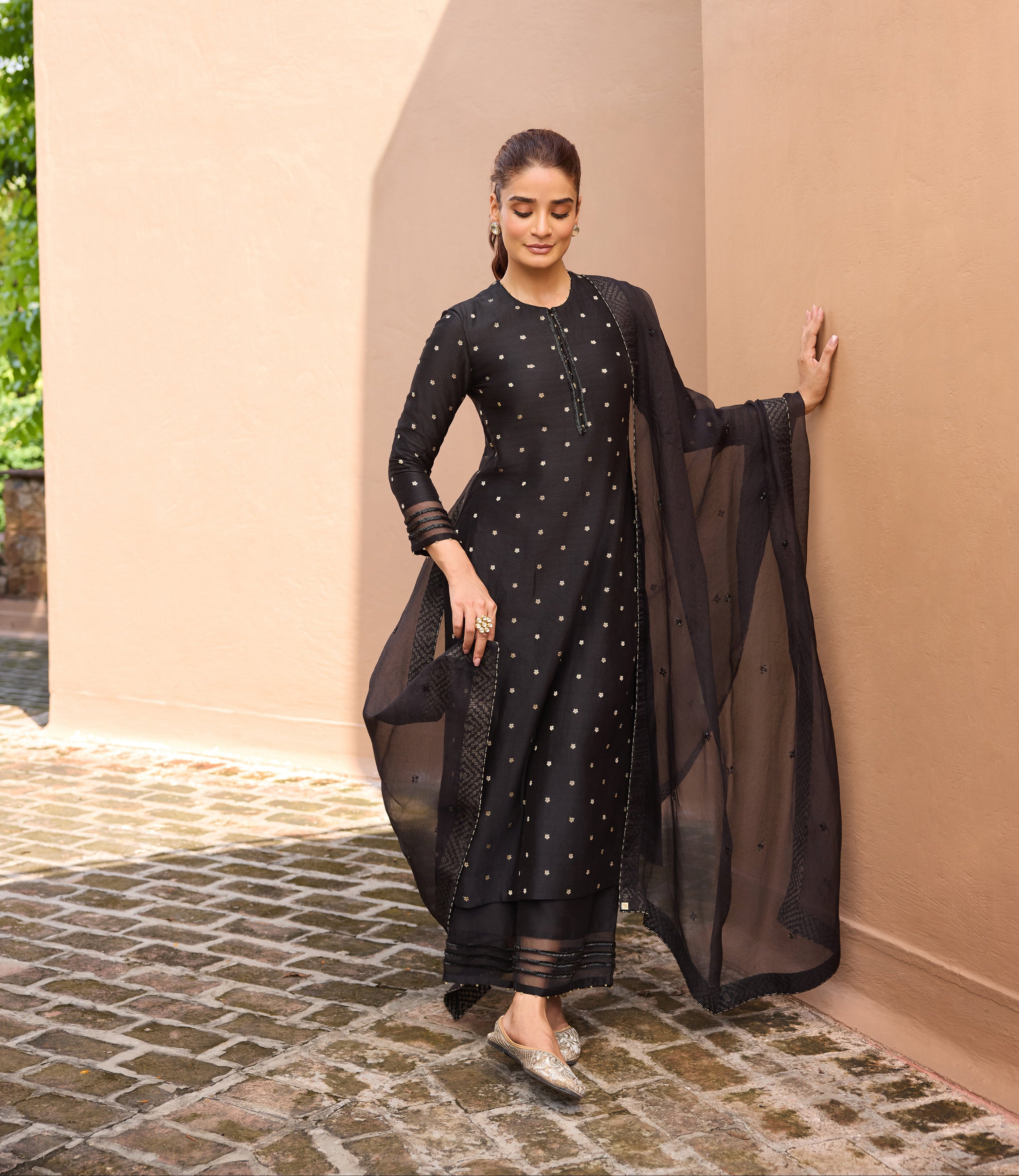 Chand Jacquard Silk Chanderi Embroidered Black Straight Kurta Set