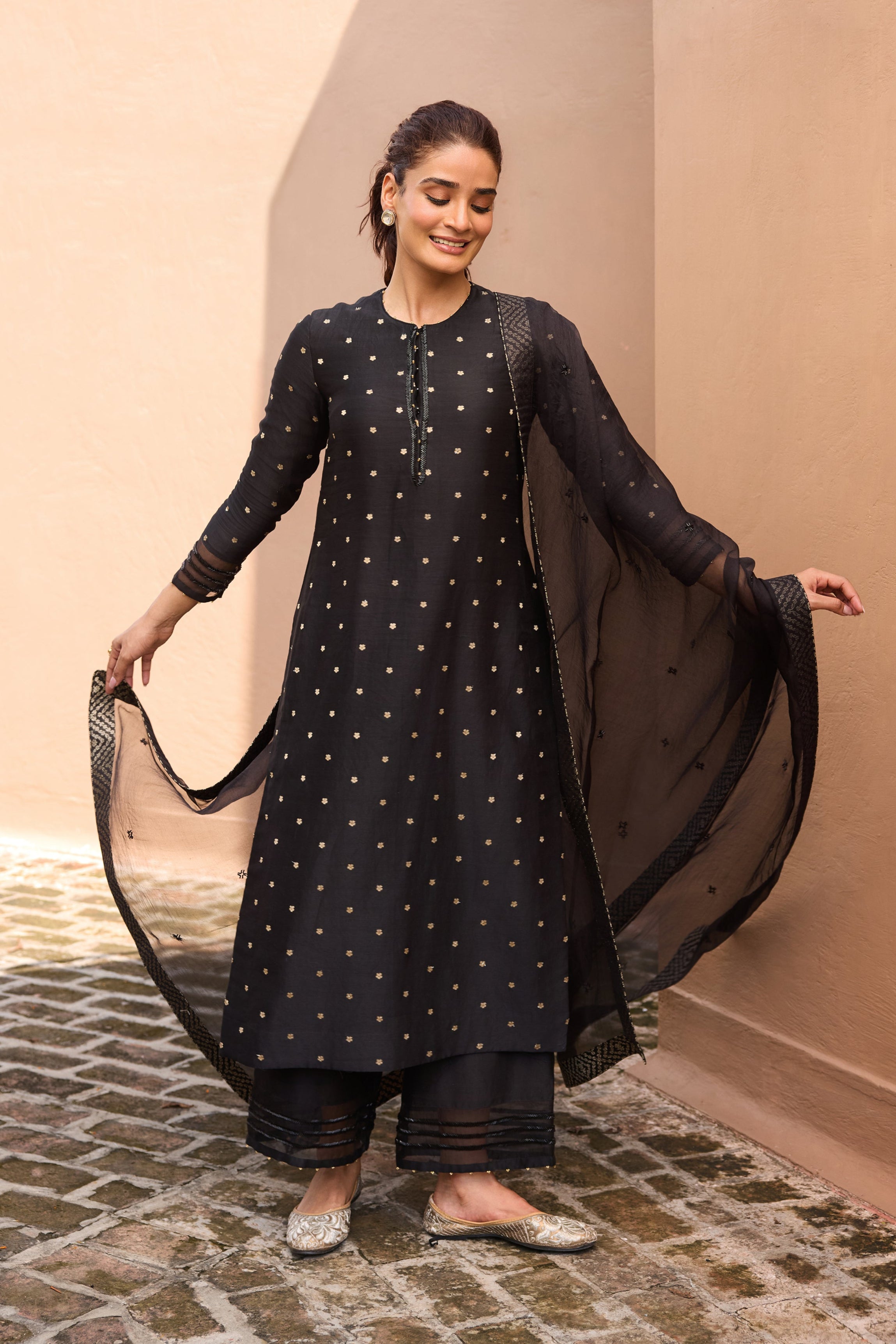Chand Jacquard Silk Chanderi Embroidered Black Straight Kurta Set
