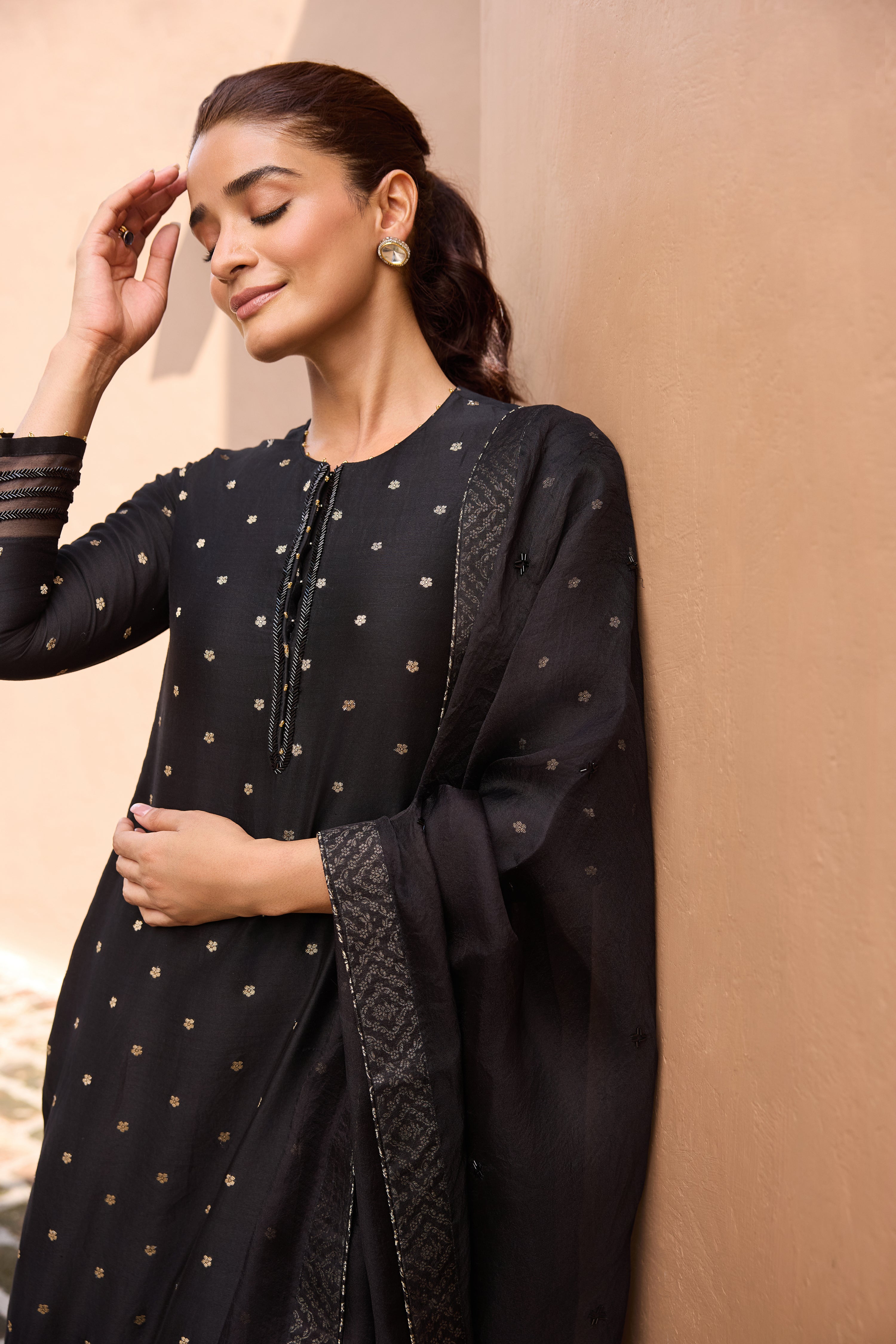Chand Jacquard Silk Chanderi Embroidered Black Straight Kurta Set