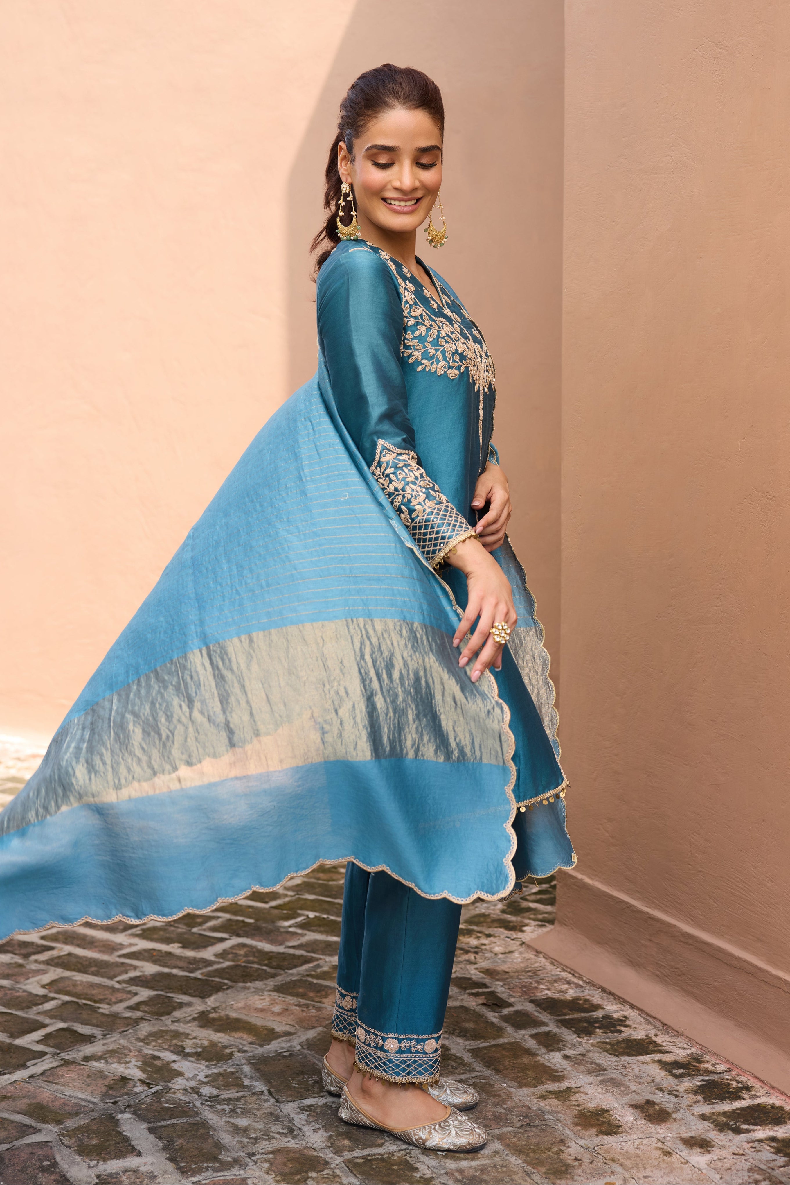 Falak Silk Chanderi Embroidered Cobalt Blue Straight Kurta Set