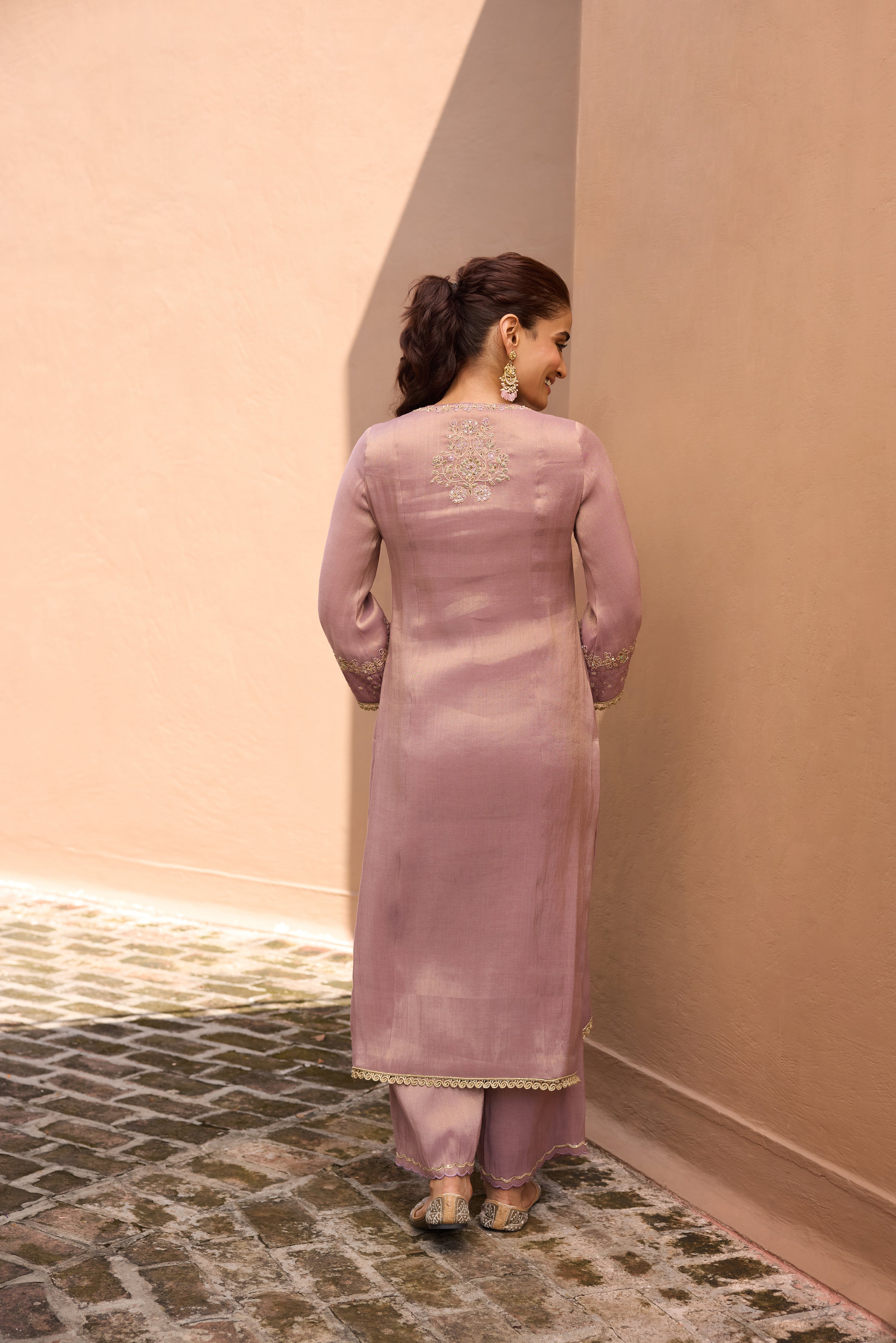 Divani Tissue Embroidered Purple Straight Kurta Set (READY TO SHIP)