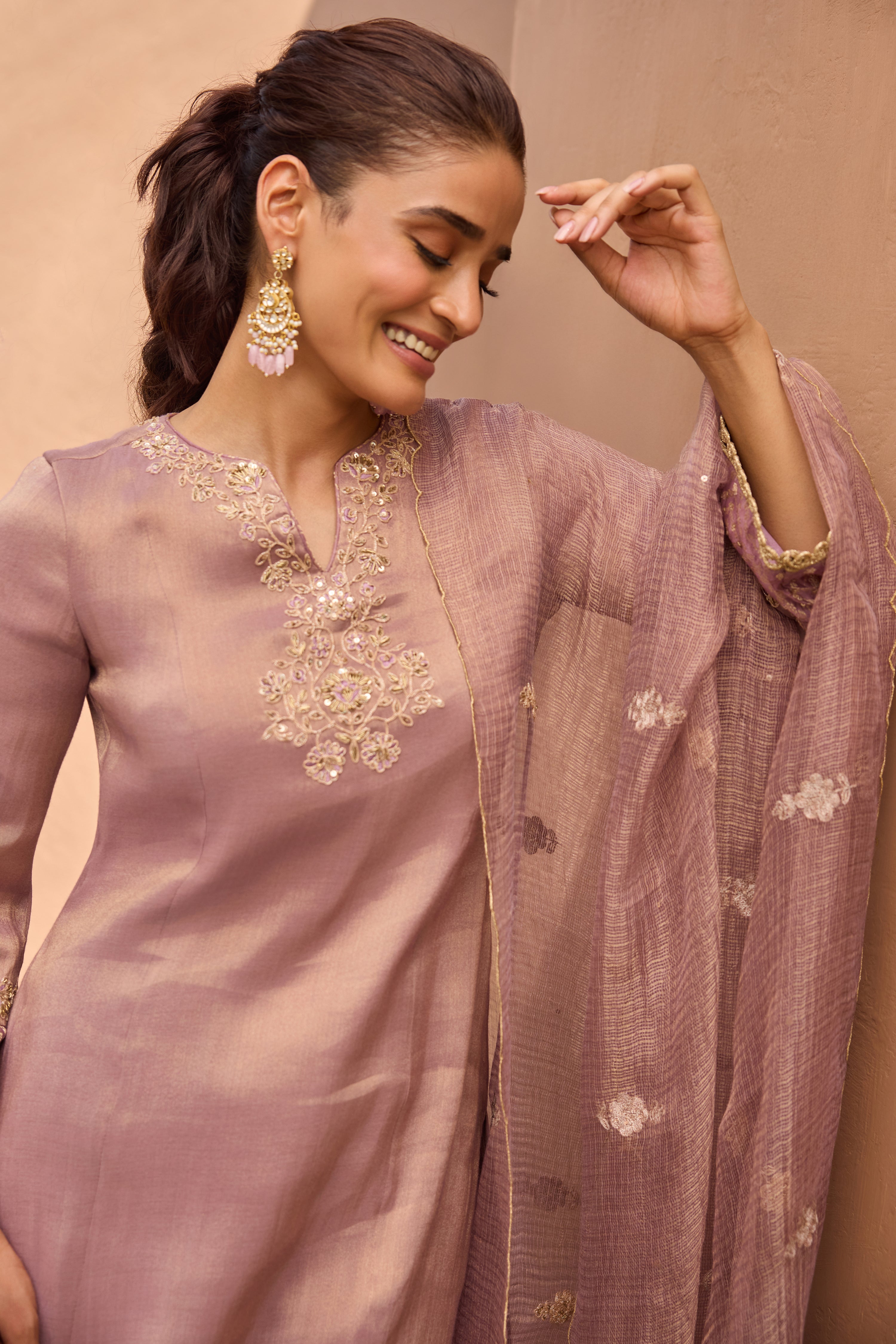 Divani Tissue Embroidered Purple Straight Kurta Set (READY TO SHIP)